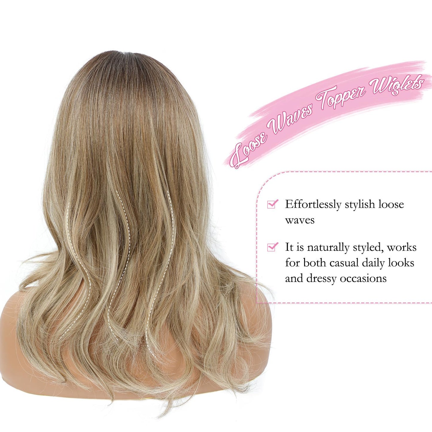 18 Inch Body Wavy Hair Topper for Women - Synthetic Clip-In, Natural Part, Dark Brown Root to Blonde Ombre with Highlights
