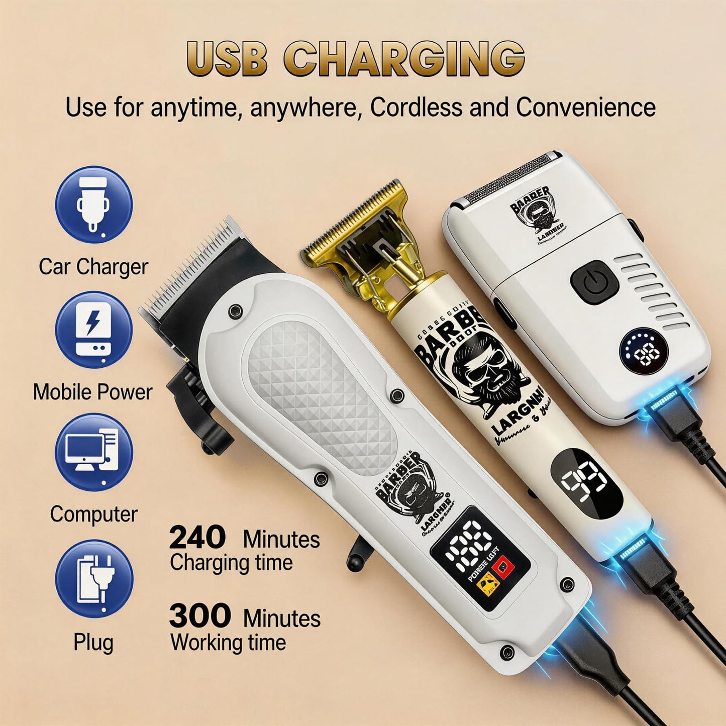 LARGNERSHAVER Hair Clippers for Men, Clippers and Trimmers Set, Barber Clippers, Electric Hair Trimmer with Box, Gifts for Men (White-3in1)