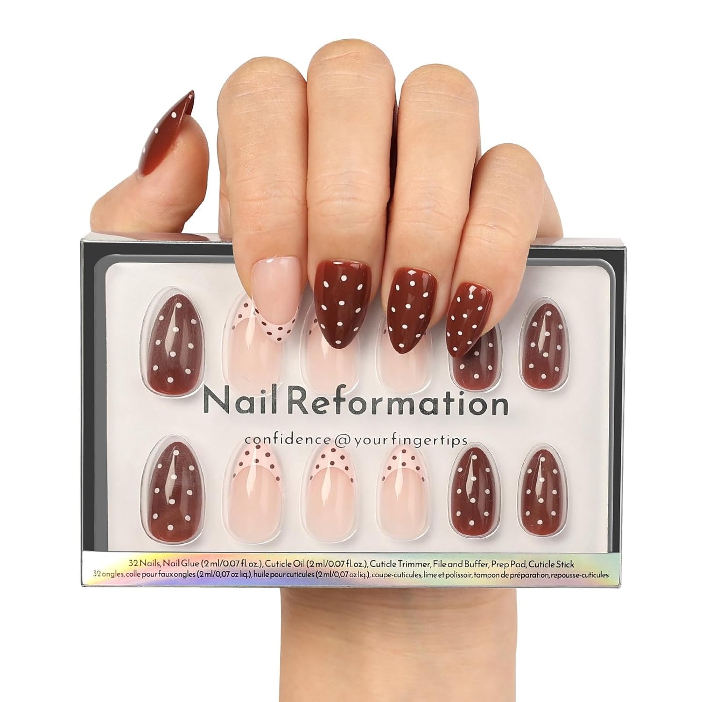 Press On Nails - Black Glitter French Tip Almond Shape | Reusable Glossy Finish in 16 Sizes - 32 Nail Kit for Women