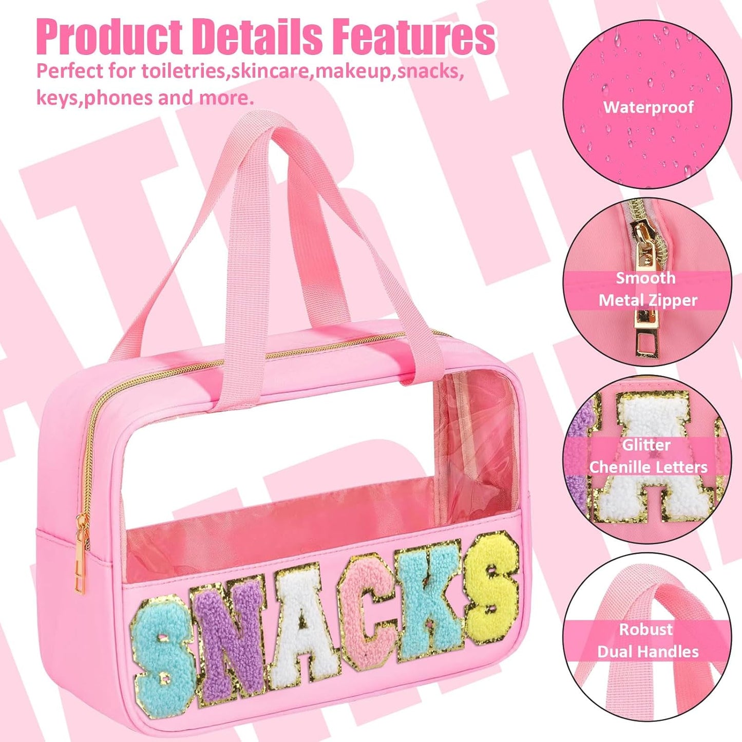 Chenille Letter Patch Clear Travel Bag - Waterproof PVC & Nylon Makeup Organizer | Large Size for Women & Girls
