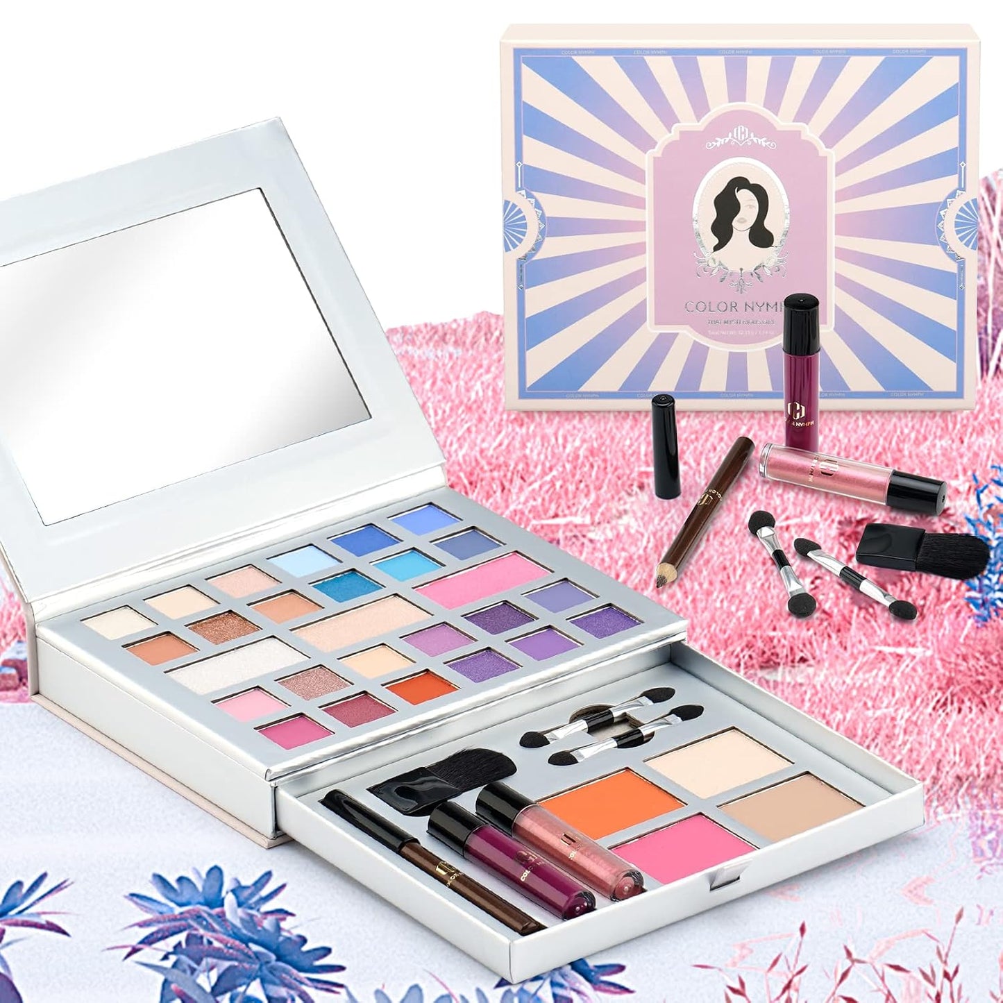 All-in-One Makeup Kit - Travel-Friendly Palette with 24 Eyeshadows, Lip Glosses, Brushes & Mirror | Perfect for Women, Teens & Beginners