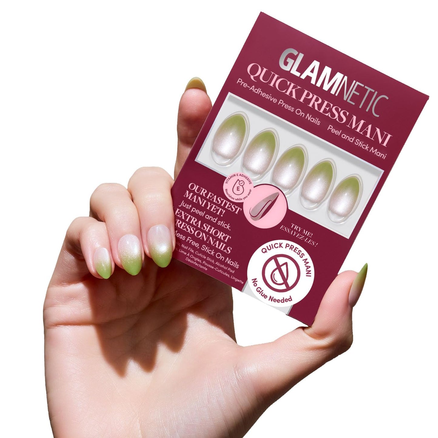 Glamnetic Quick Press Mani - Peel and Stick Almond Extra Short Nails | Mess-Free Salon Quality | 30 Nail Kit in 15 Sizes