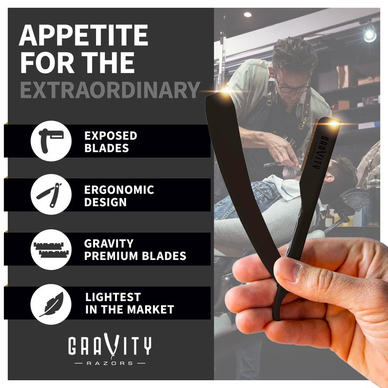 GRAVITY RAZORS Professional Straight Razor Kit – Minimal Exposure, Includes 10 Premium Blades, 0.5mm Exposed, Black