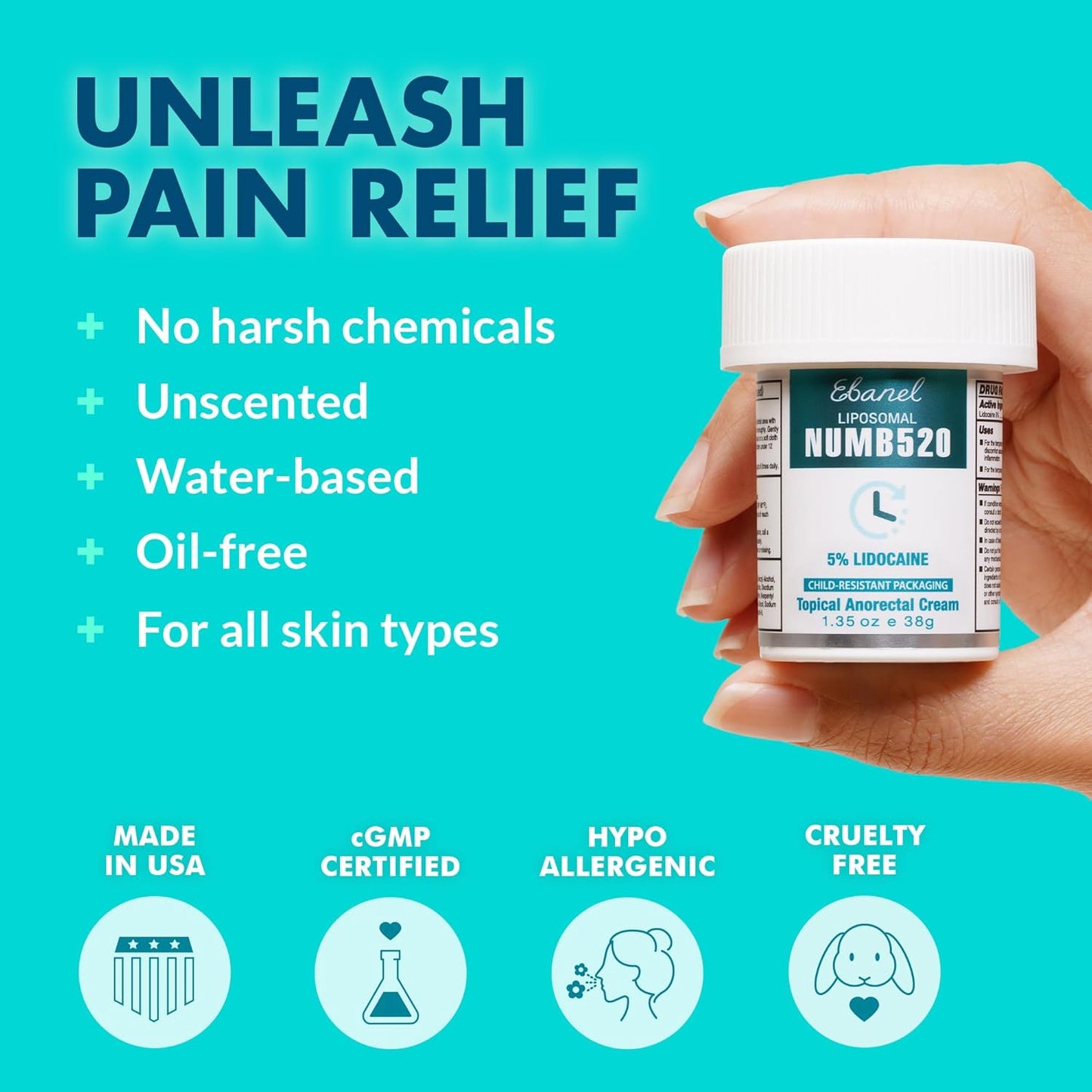 Ebanel 5% Lidocaine Numbing Cream - Maximum Strength Pain Relief for Hemorrhoids & Burns | 1.35 Oz