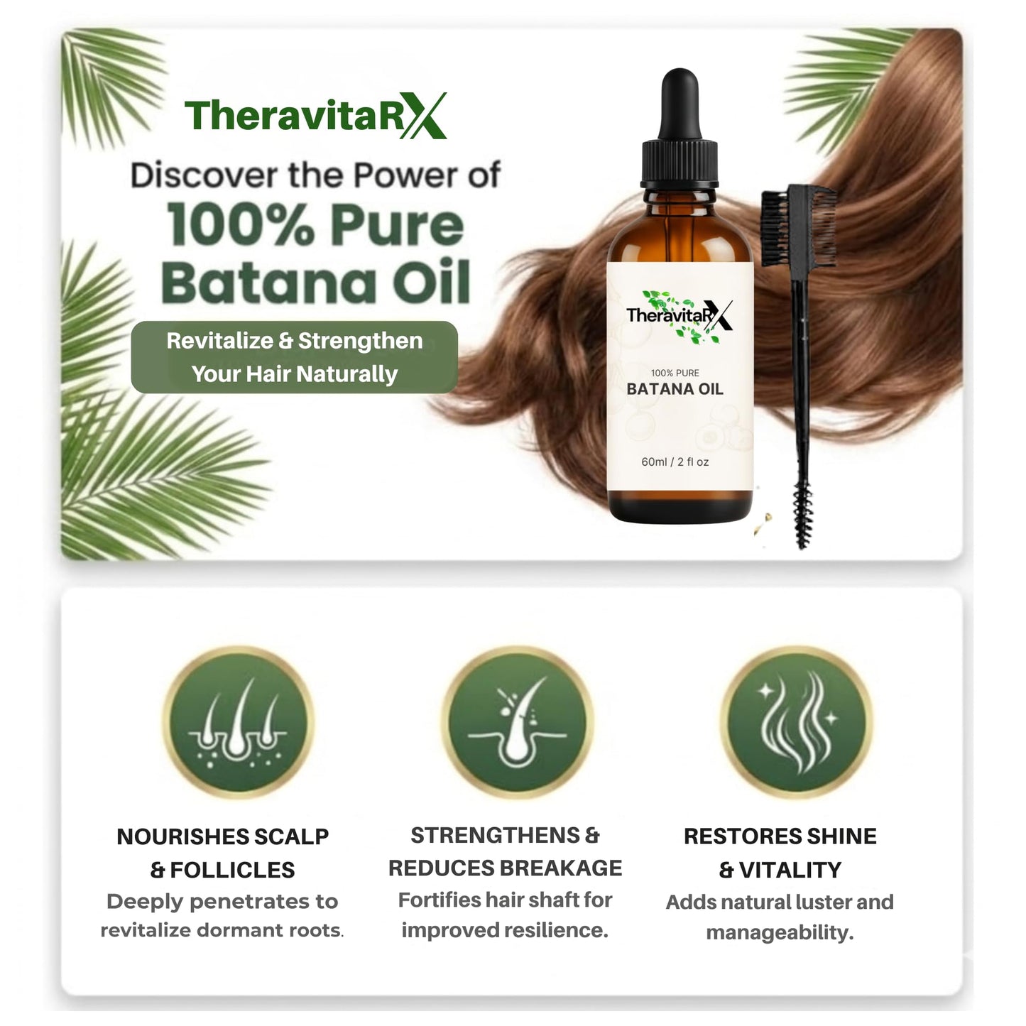 THERAVITARX 100% Pure Batana Oil for Hair & Skin, Cold Pressed Natural Moisturizing Oil for Dry Hair, Scalp & Skin Care, Glass Dropper, 60ml (2 fl oz)