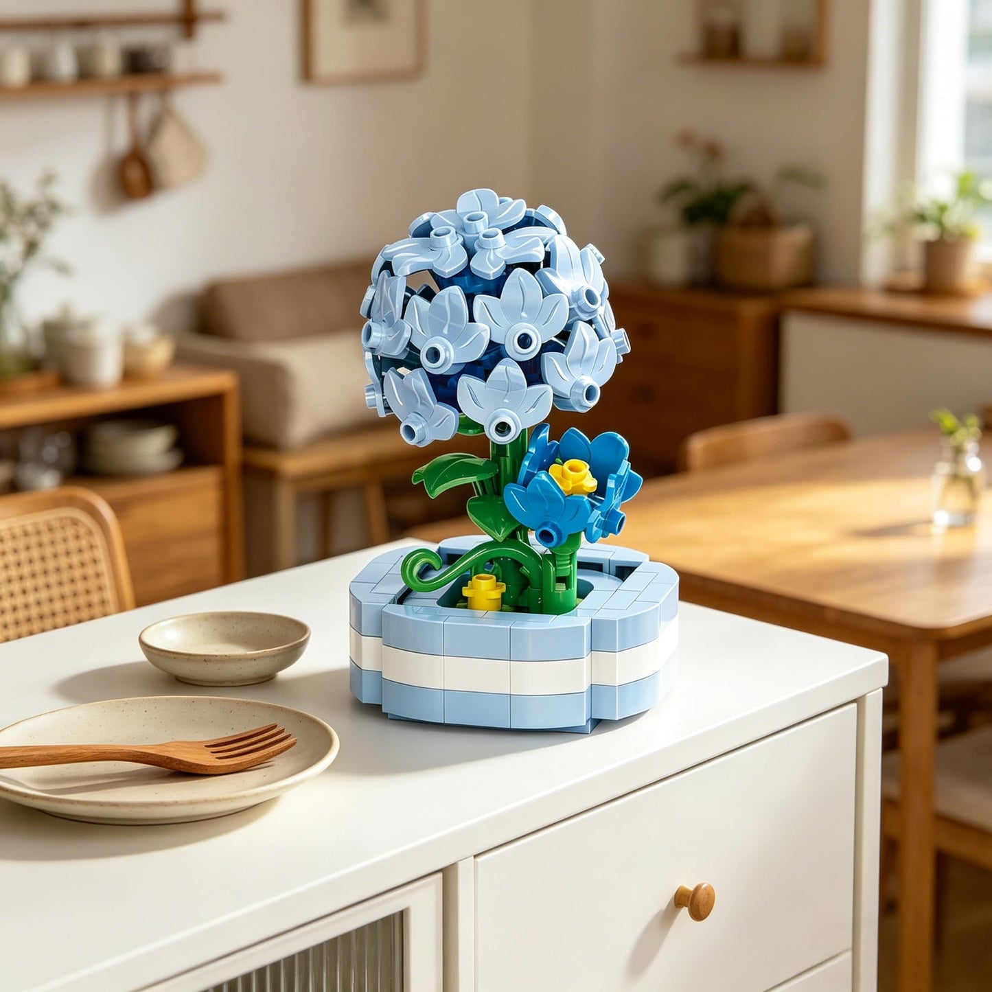 Hydrangea Hand-Assembled Figurine with Display Base, Mini Flower Desk Decor, Hydrangea Theme Collectible Statue for Home Office Shel