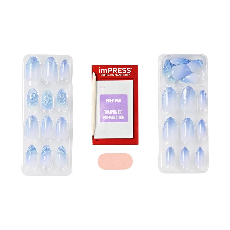 Kiss Impress No Glue Mani Press-On Nails - Ciel Blue Almond Shape | Medium Size, 30 Nails & Accessories