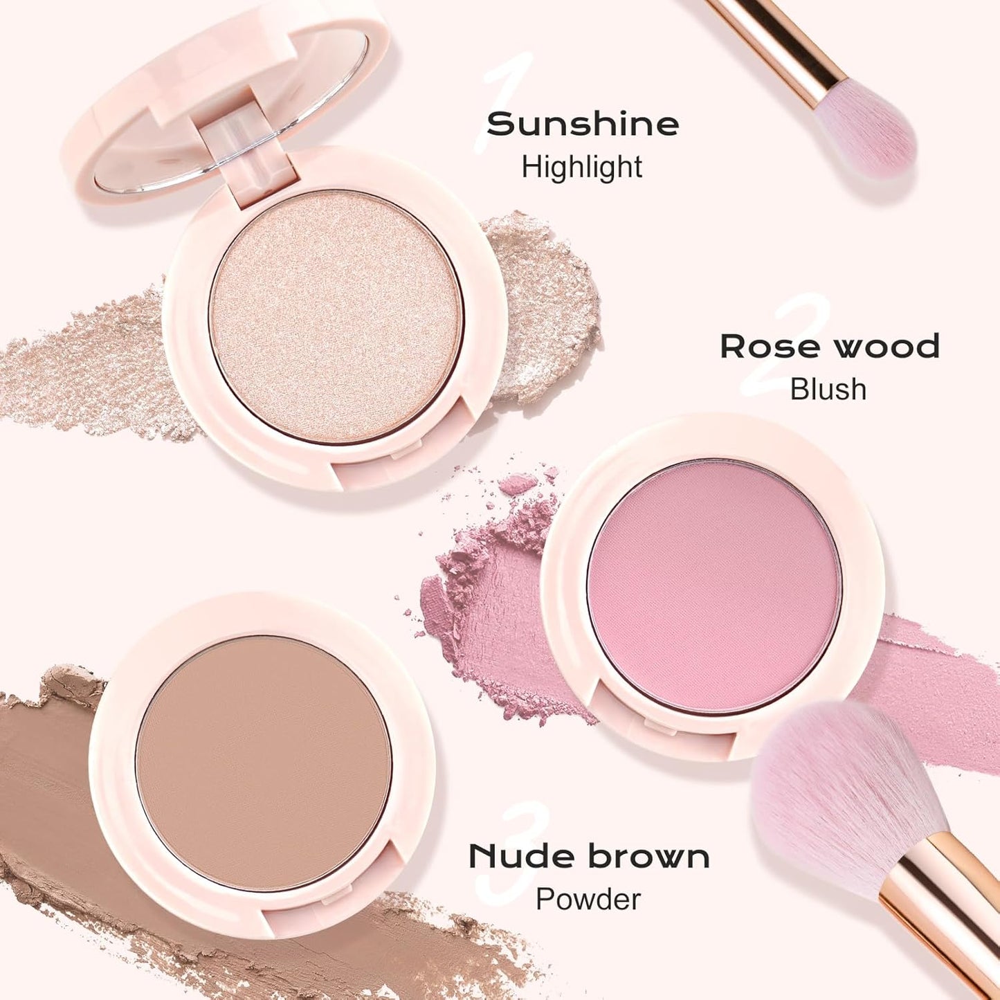 Contour Blush Highlighter Makeup Palette - Travel Size Kit with Brush & Mirror | 3 Colors (Pink)
