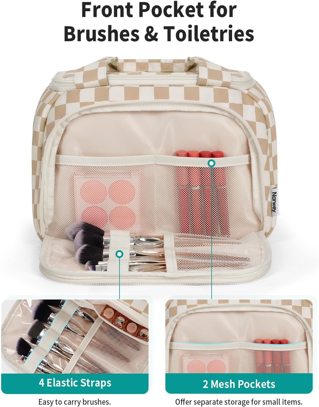 Checkered Travel Toiletry Bag for Women - Large Makeup Organizer with Handle | Light Brown Checkerboard