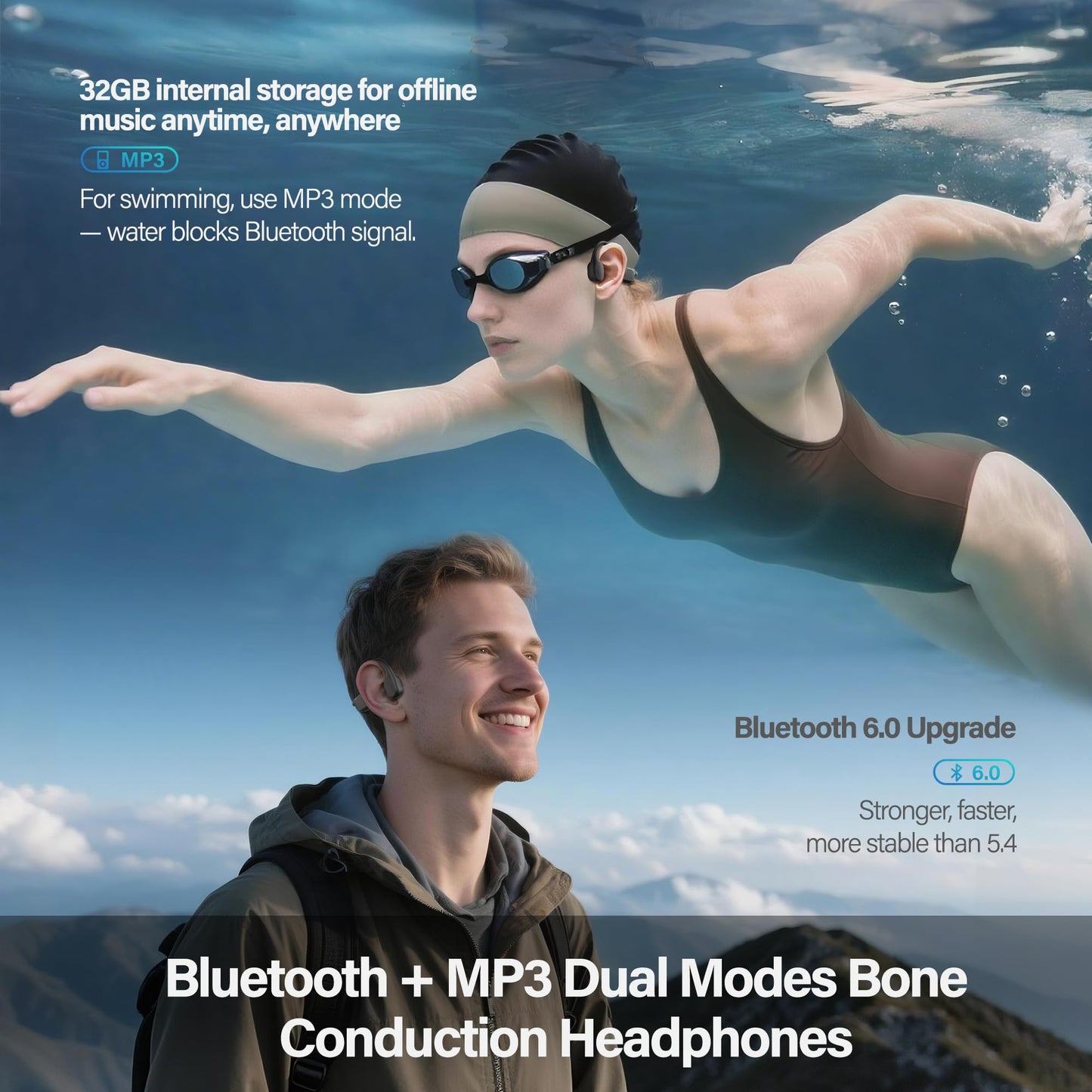 Vonlaxi Bone Conduction Headphones IPX8 Waterproof Swimming Headphones Open Ear with MP3 Mode 32GB Memory Up to 8 Hours Playtime Bluetooth 6.0 Earbuds with Secure Fit for Running, Fitness and Cycling
