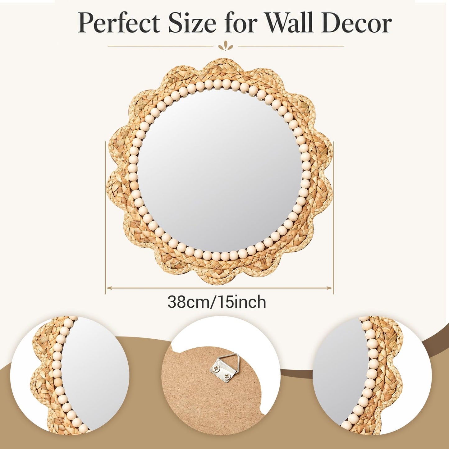 Glooglitter 15 Inch Boho Scalloped Wall Mounted Mirror Decorative Circle Wavy Rattan Hanging Mirror Farmhouse Wicker Wall Decor for Farmhouse, Bathroom, Living Room, Bedroom, Nursery, Entryway Decor