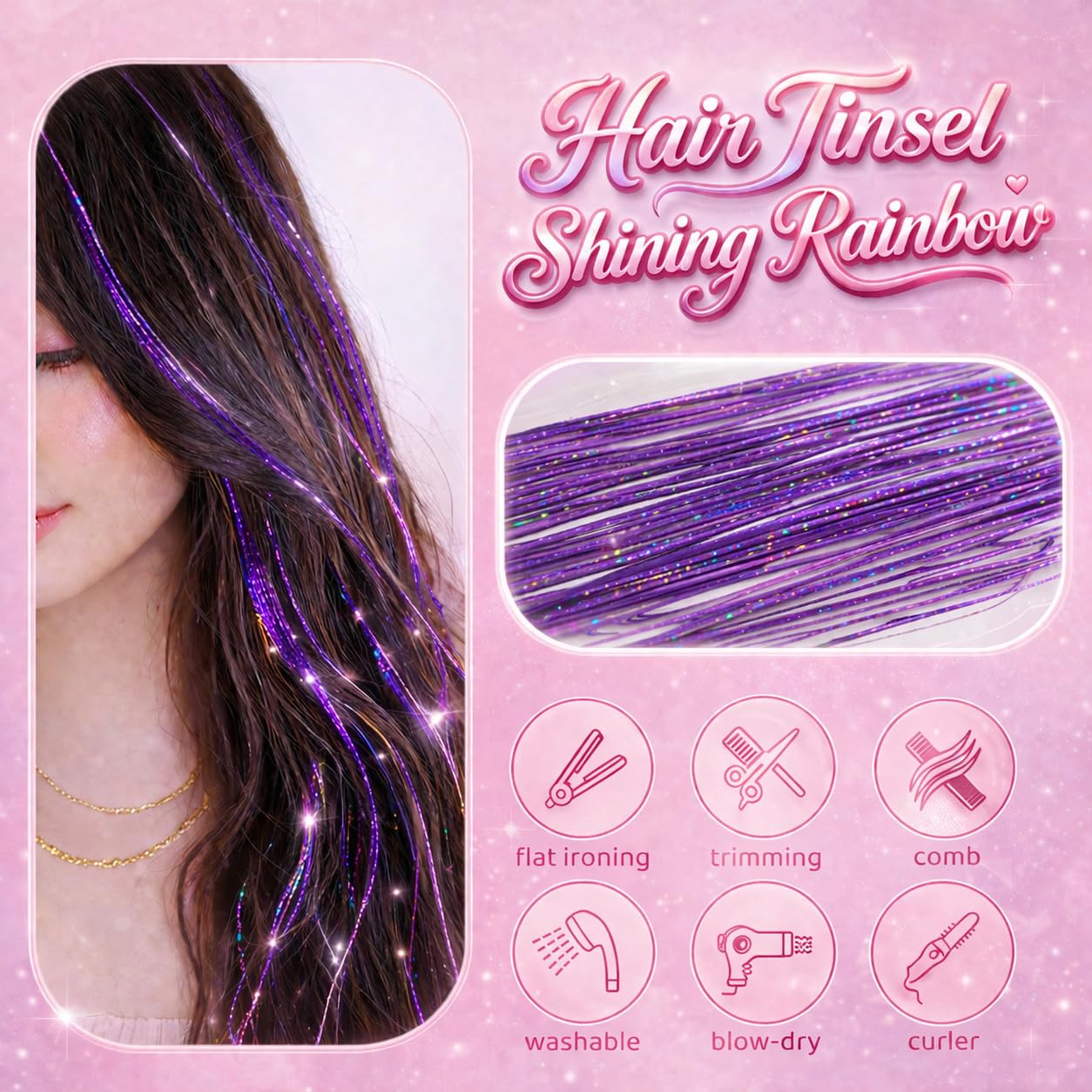 Purple Hair Tinsel Kit - 8 Pcs 48-Inch Glitter Hair Extensions for Girls & Women | Festival & Party Accessories