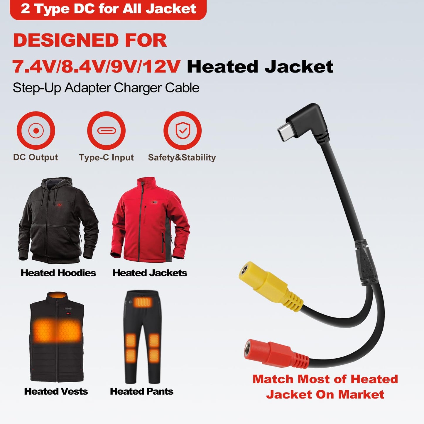 Smarkey Heated Jacket Battery StepUp Adapter Charger Hack Cable for Most of 7.4v 8.4v 12v Heated Jacket, Hoodies, Vest, Compatible with Milwaukee M12, Makita, Snap-on, Metabo, Craftsman, AEG, Ororo
