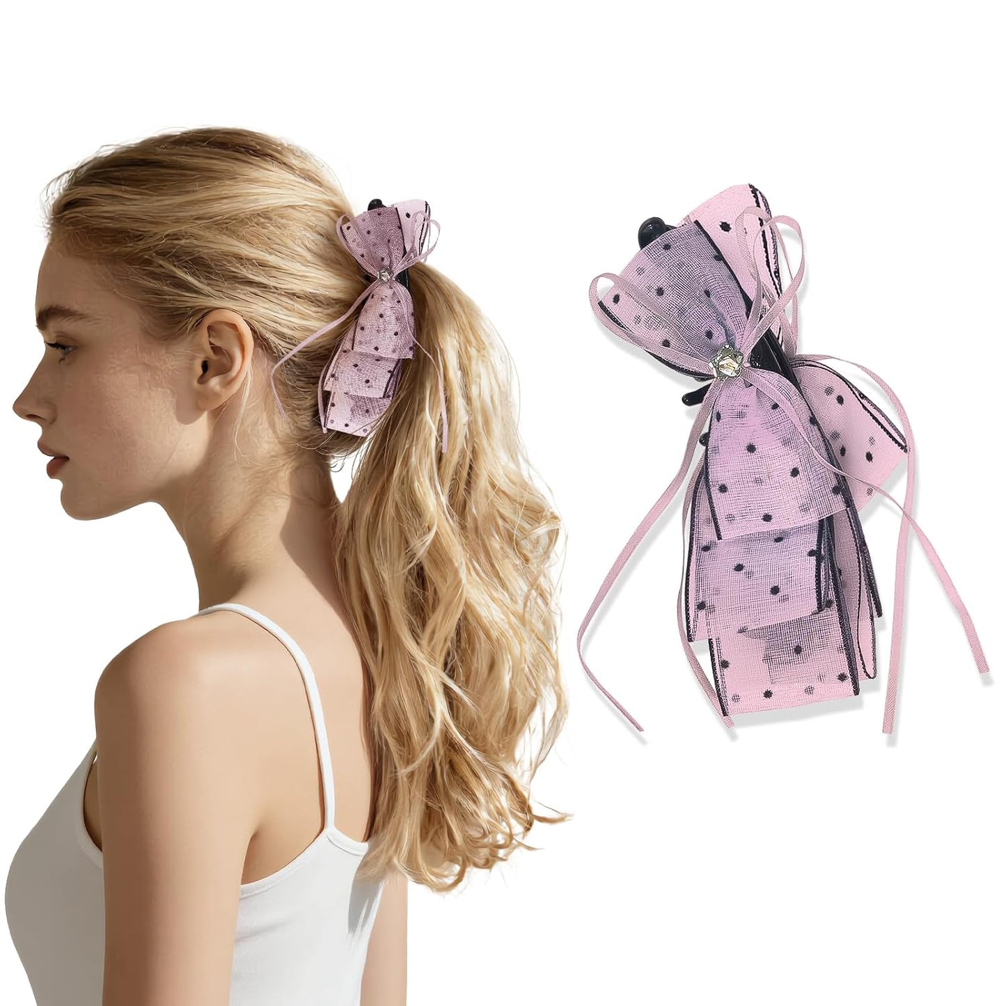 Banana Clips for Women - Cute Satin Polka Dot Hair Bow Claw Clips | Perfect for Thick & Thin Hair - Seersucker Yellow