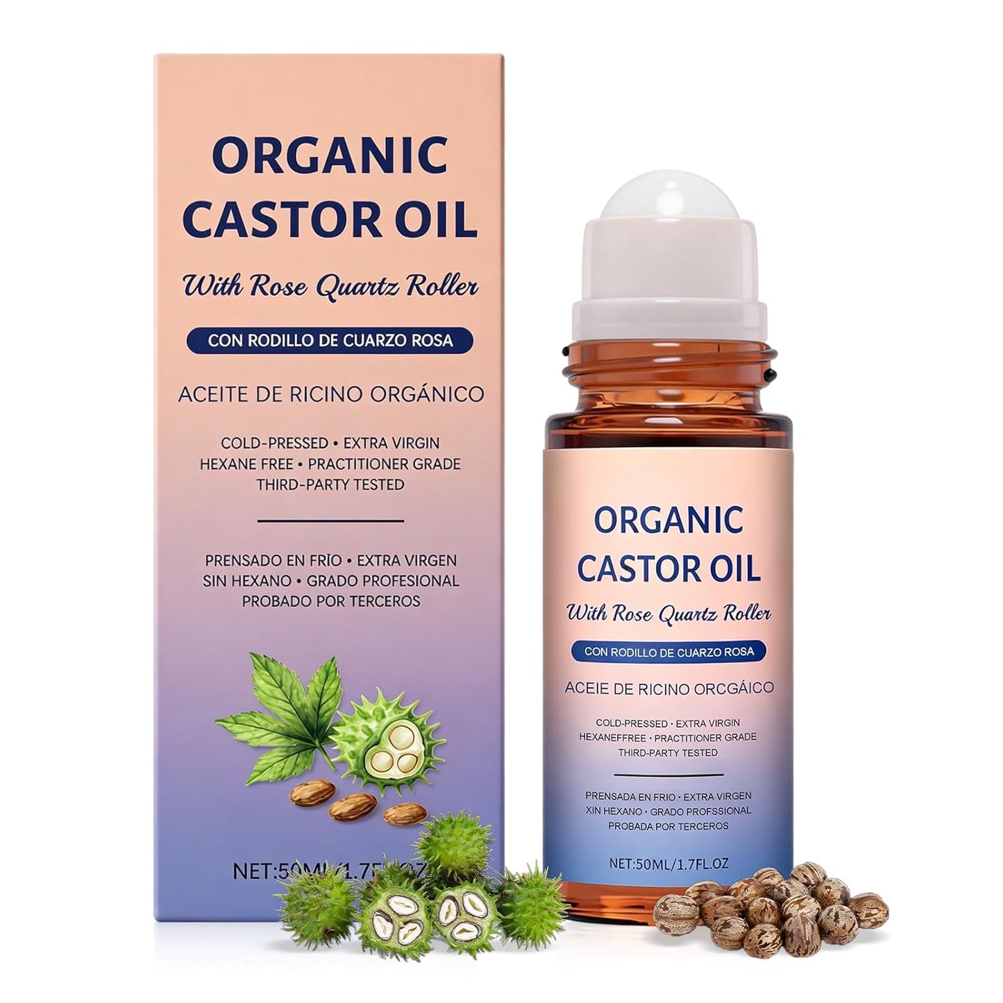 Organic Castor Oil Roll-On - 100% Cold Pressed Moisturizing Oil with Rose Quartz Roller | Travel-Friendly Skin & Hair Care (1pc)