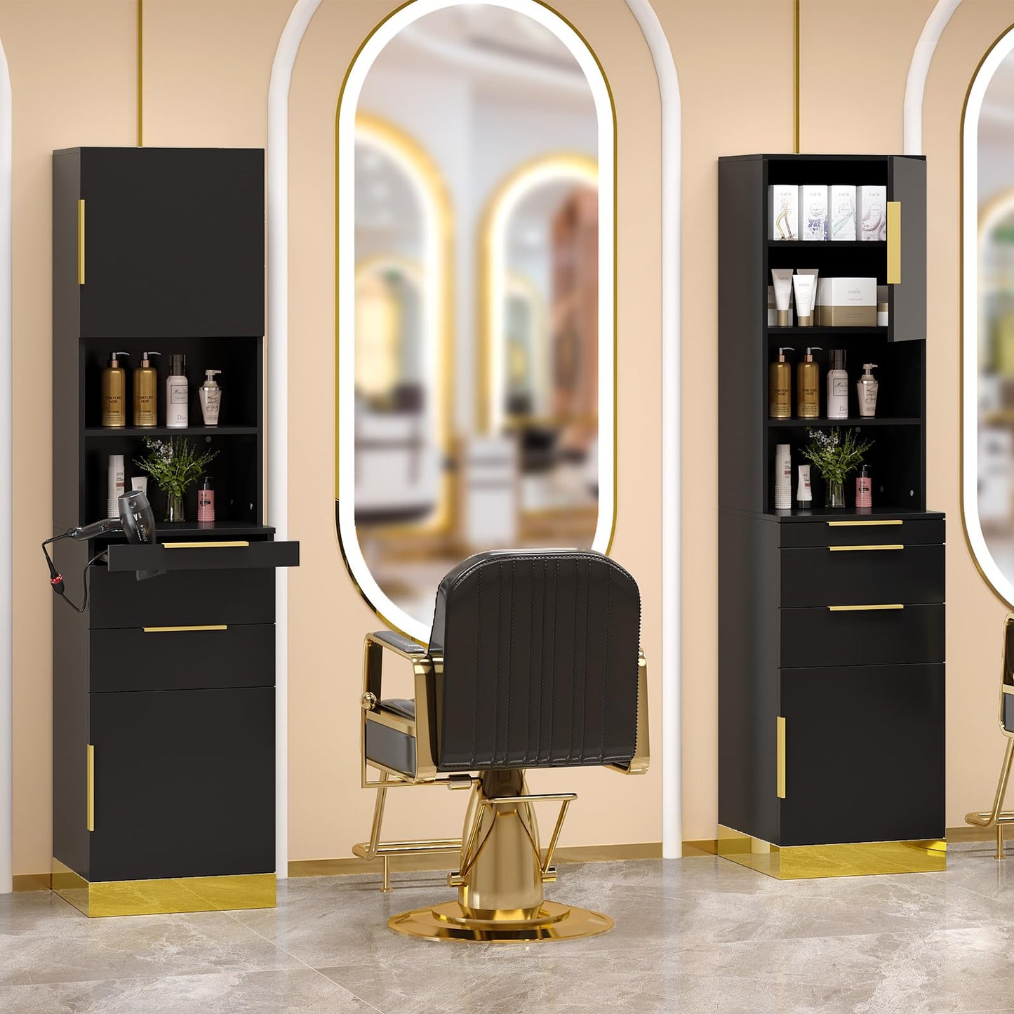 OmySalon Salon Station, Barber Station for Hair Stylist, Beauty Storage Cabinet with Stainless Steel Finish & Drawers & Dryer Holders, Modern Spa Equipment for Barbershop, Black