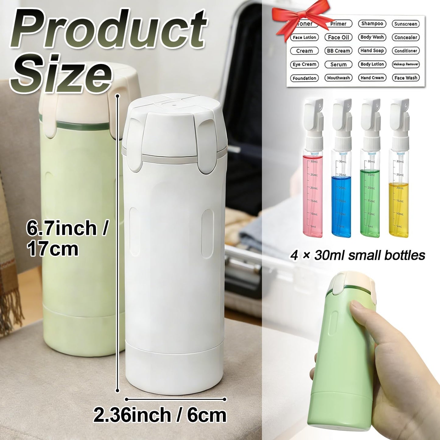 Travel Pump Dispenser Bottles - 4 in 1 Leak-Proof 30ML Containers with Measurement Scale & Labels | Green