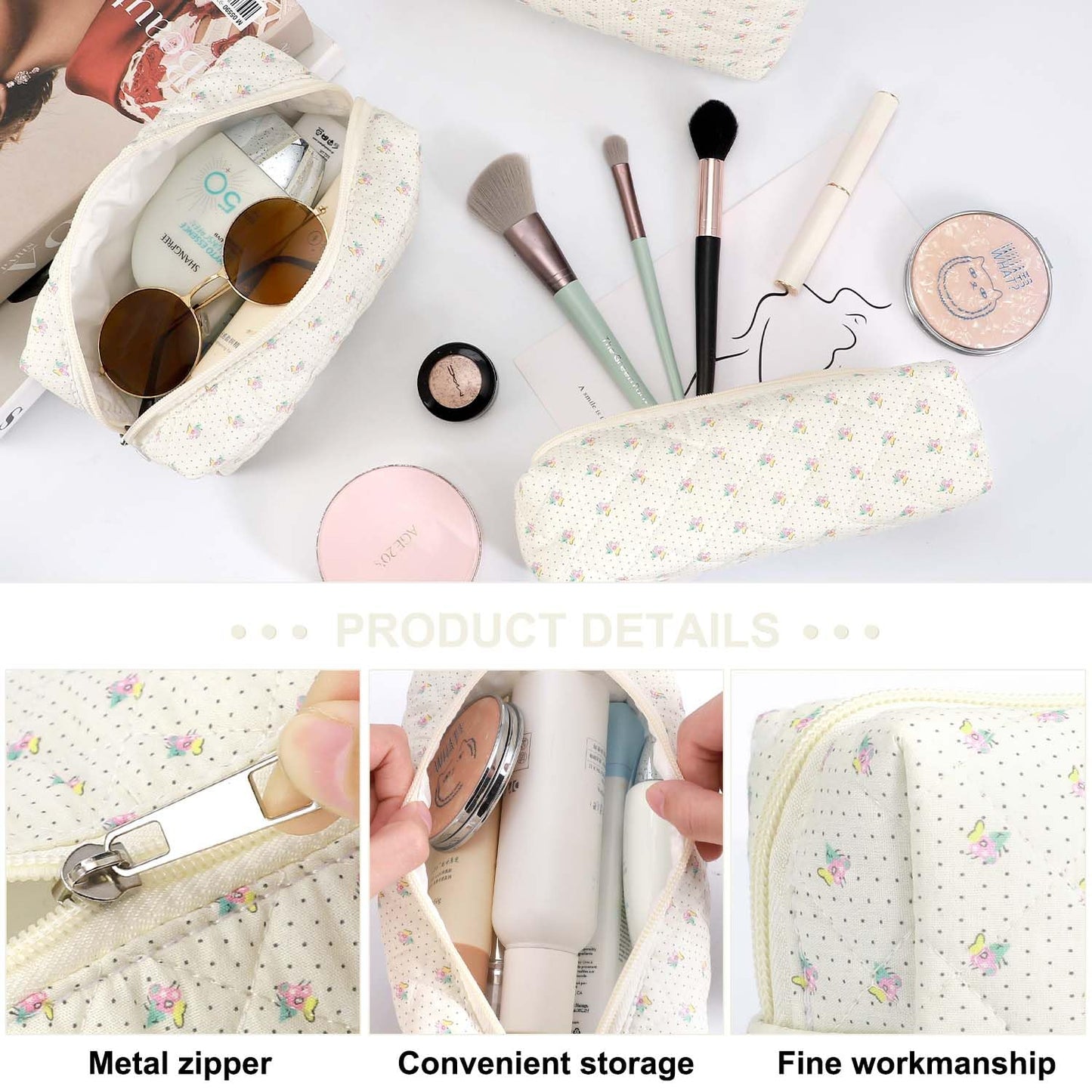 EIMMBD Makeup Bag 3 Pieces Large Capacity Checkered Cosmetic Bag Travel Toiletry Bag Organizer Cute Makeup Bag Pouch Storage Bag for Women(Beige Floral)