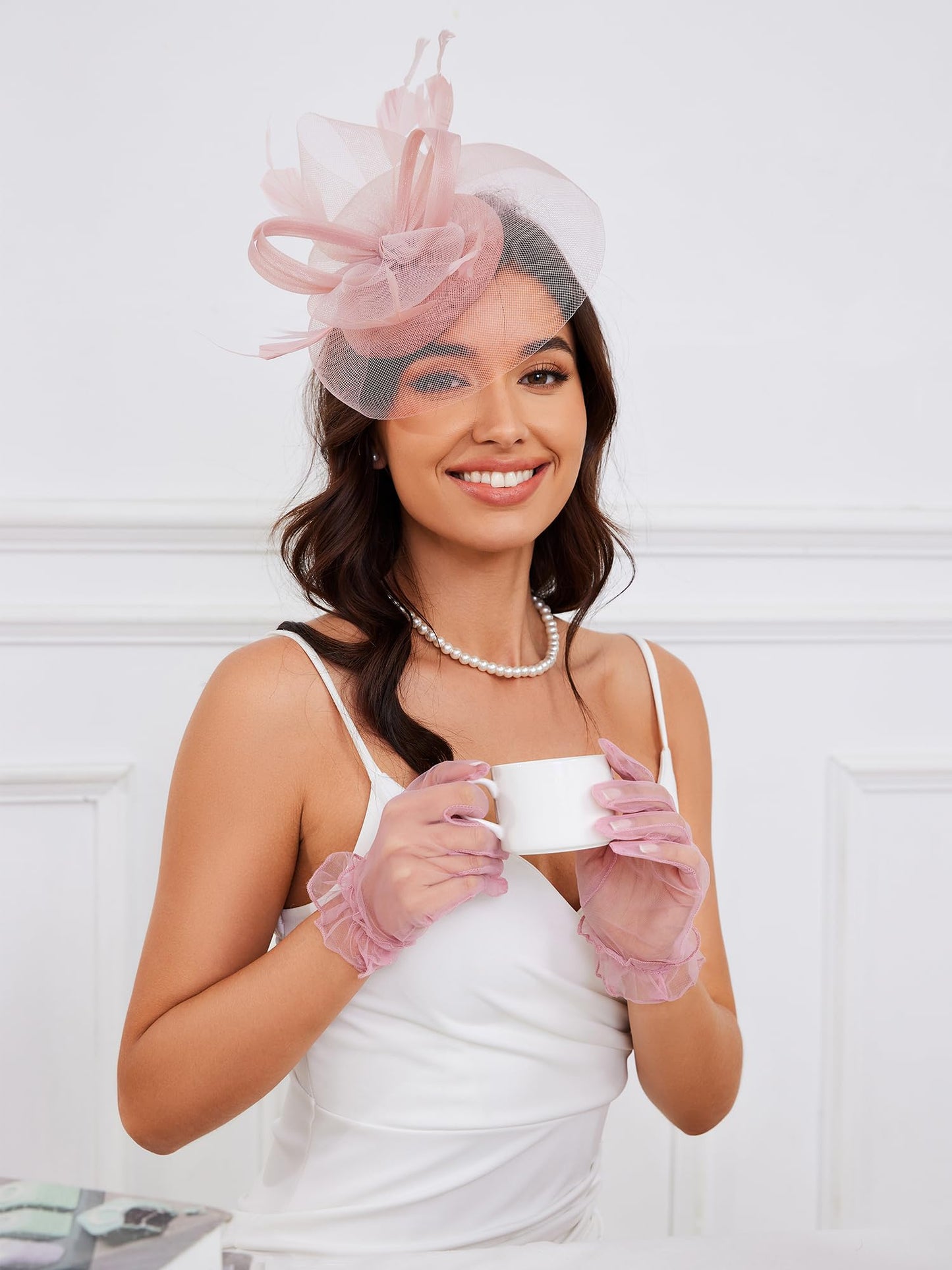 Ibeauti Fascinator Hats with Screentouch Lace Gloves Set for Women Tea Party Cocktail Wedding Derby Headwear Short Gloves (07 Nude Pink)
