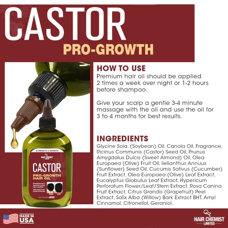 Hair Chemist Pro-Growth Natural Castor Hair Oil, Large 12 oz. - Strengthening & Growth Stimulator for Hair Growth