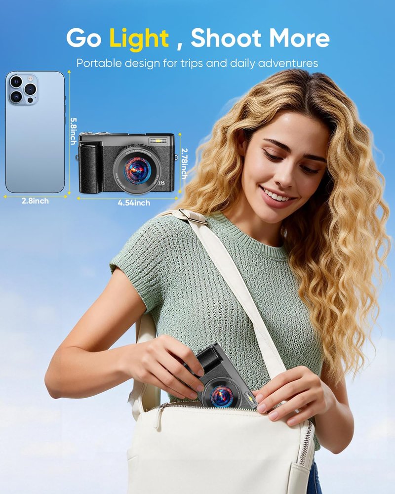 4K Digital Camera for Photography, 2026 Latest WiFi 64MP Vlogging Camera for YouTube with 180° flip Screen, Autofocus Anti-Shake, 16X Zoom, Compact Travel Camera, 32GB Card, 2 Batteries, Black