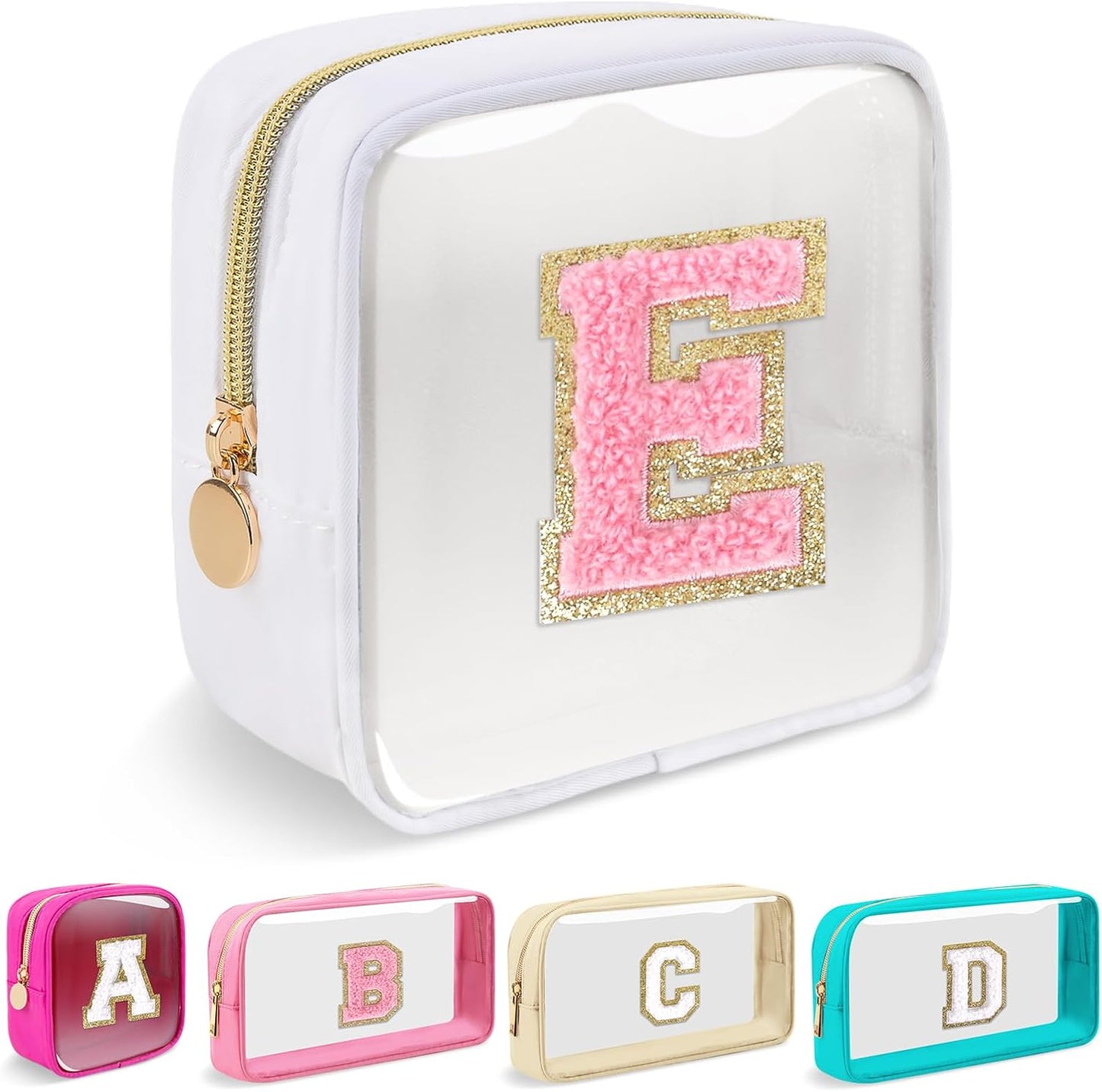 Personalized Initial Makeup Bag - Waterproof Nylon Cosmetic Pouch | A-Z Chenille Letter Patch, White-Pink G