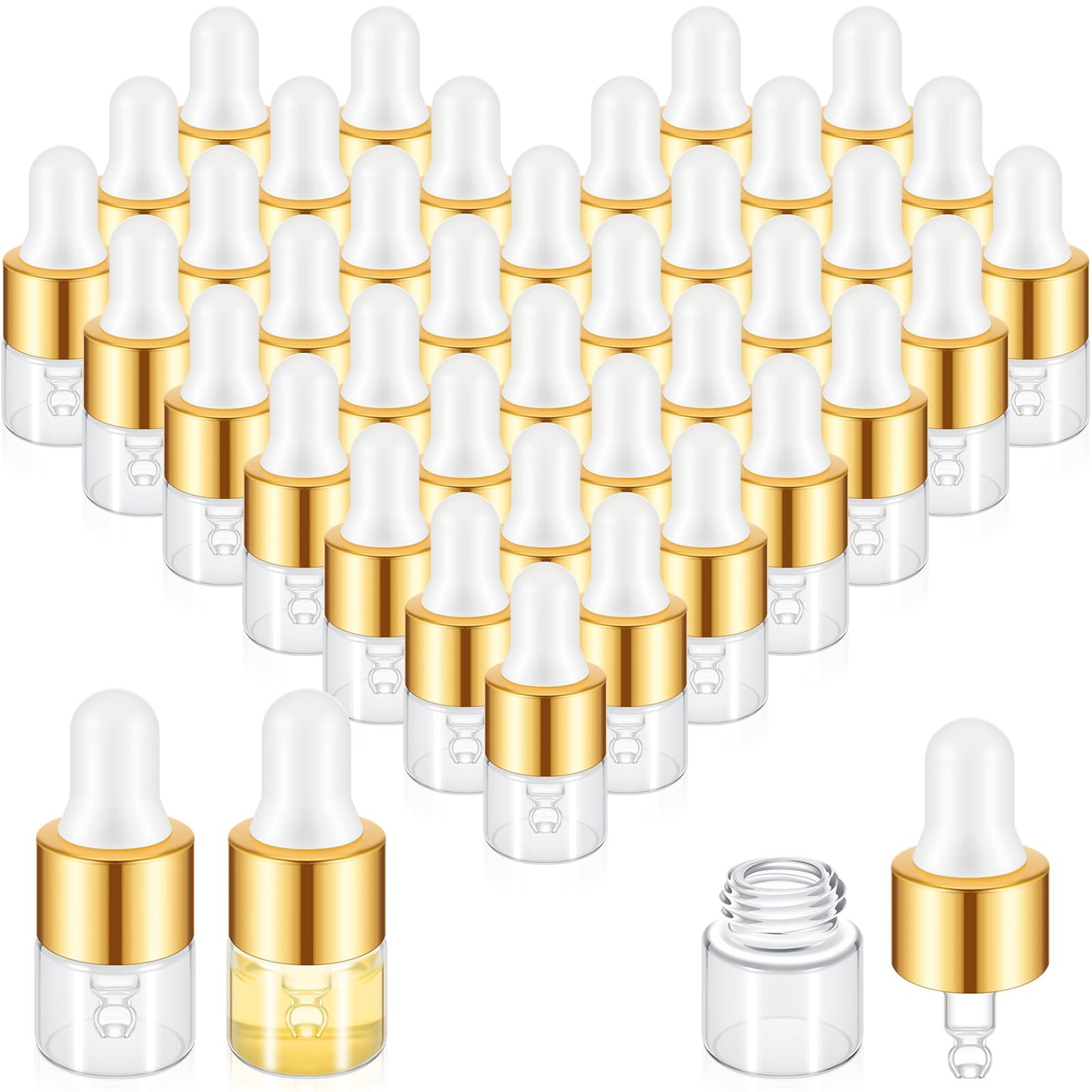 Didaey 12 Pcs 1/2/3/5/10/15 ml Mini Glass Oil Dropper Bottle Bulk, Clear Essential Small Empty Bottles Sample Containers Perfume Liquid Vials with Cap for Traveling (1 ml,Champagne Gold)