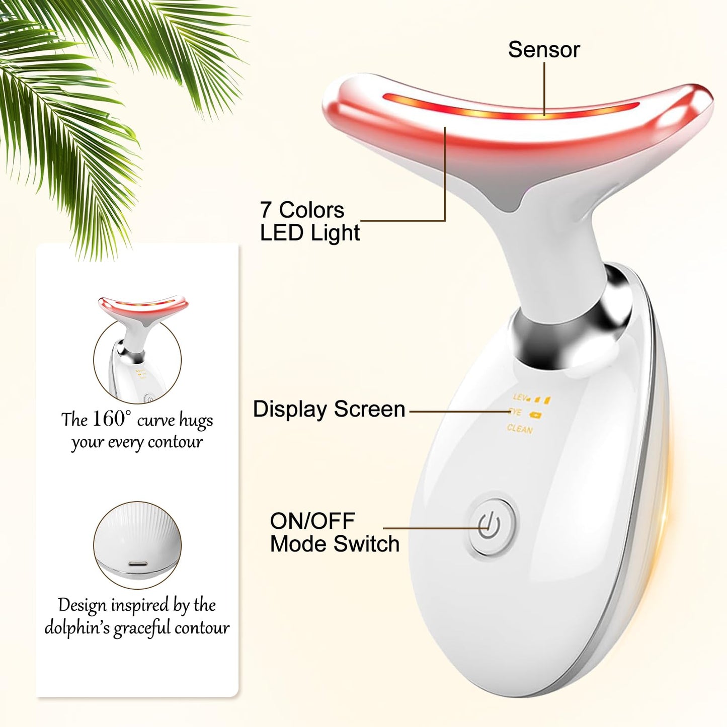 Face Beauty Device, 7 Color Multifunctional Facial Massager, Portable Face Massager Tool for Skin Care, Firming, Smoothing, Glossy White