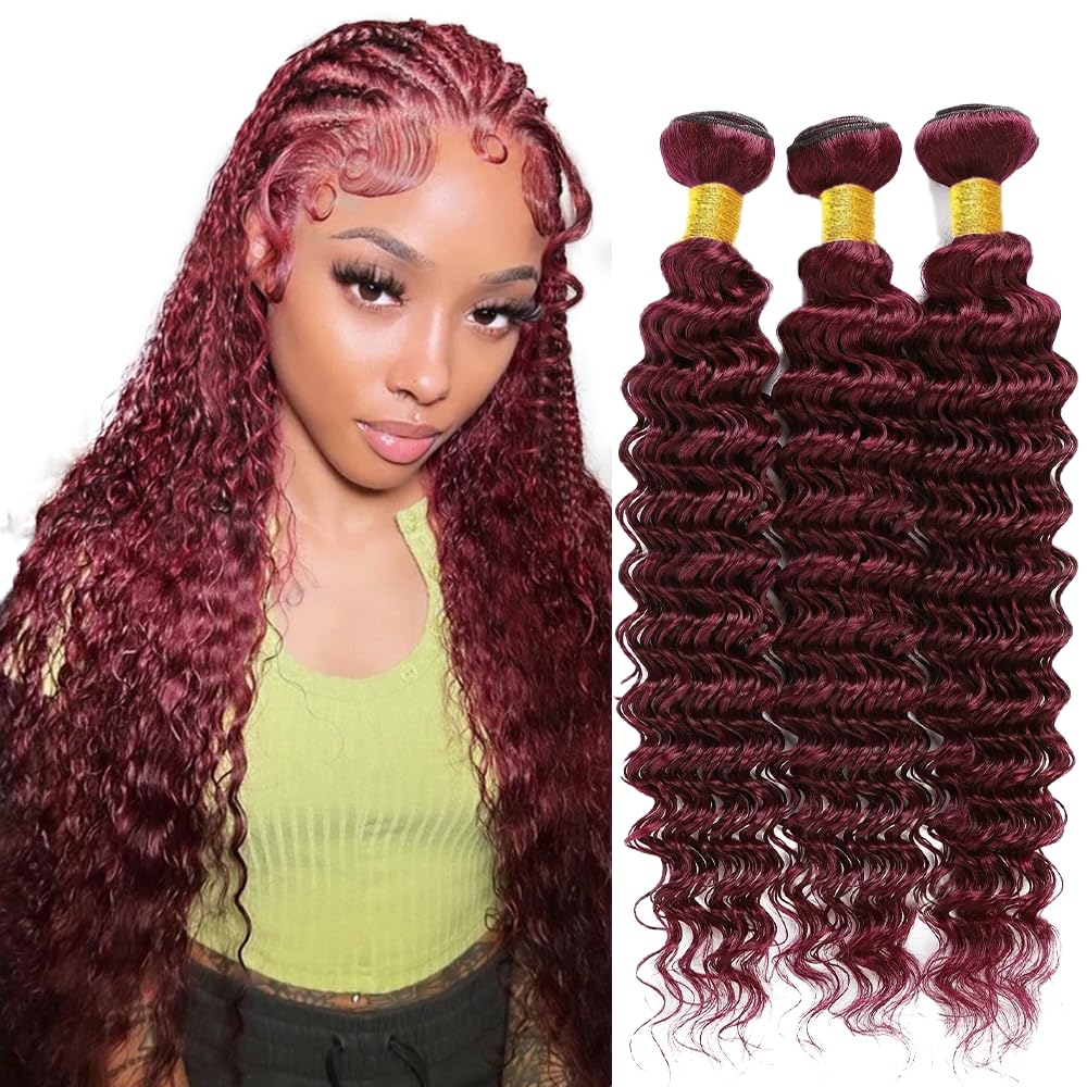 16 18 20 Inch #99J Burgundy Bundles Deep Wave Bundles Human Hair Wine Red Deep Wave Bundle Unprocessed Brazilian Virgin Weave Hair 3 Bundle 50 Gram Per Bundle for Black Women