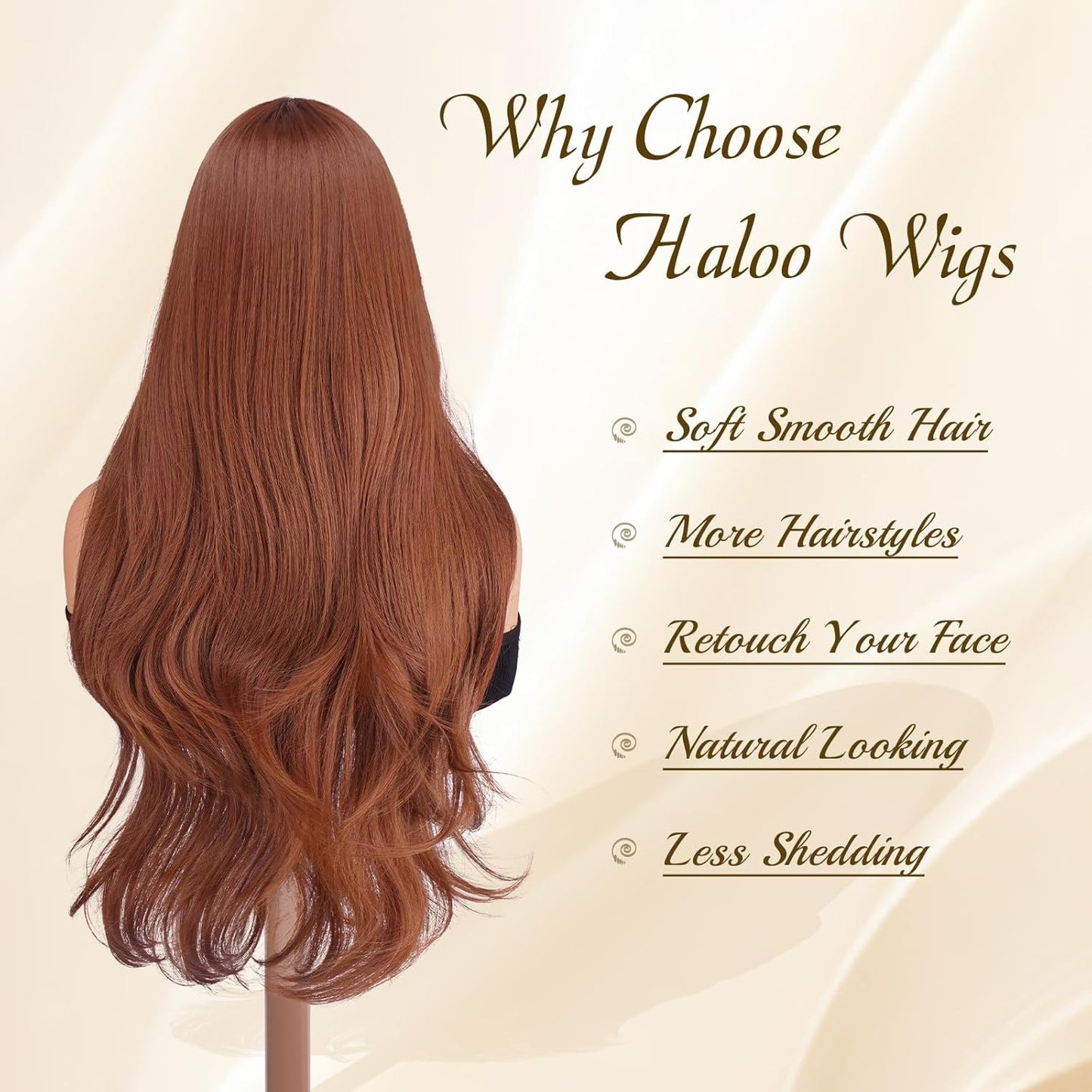 Auburn Wigs with Bangs - Long Layered Synthetic Heat-Resistant Wavy Hair | 26 Inch for Daily Wear & Parties