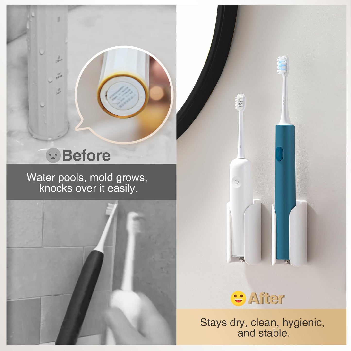 HAVICATO Electric Toothbrush Holder for Bathroom, Wall-Mounted Toothbrush Stand with Self-Adhesive, Compact Bathroom Caddy for Electric Toothbrushes (White-2pcs)