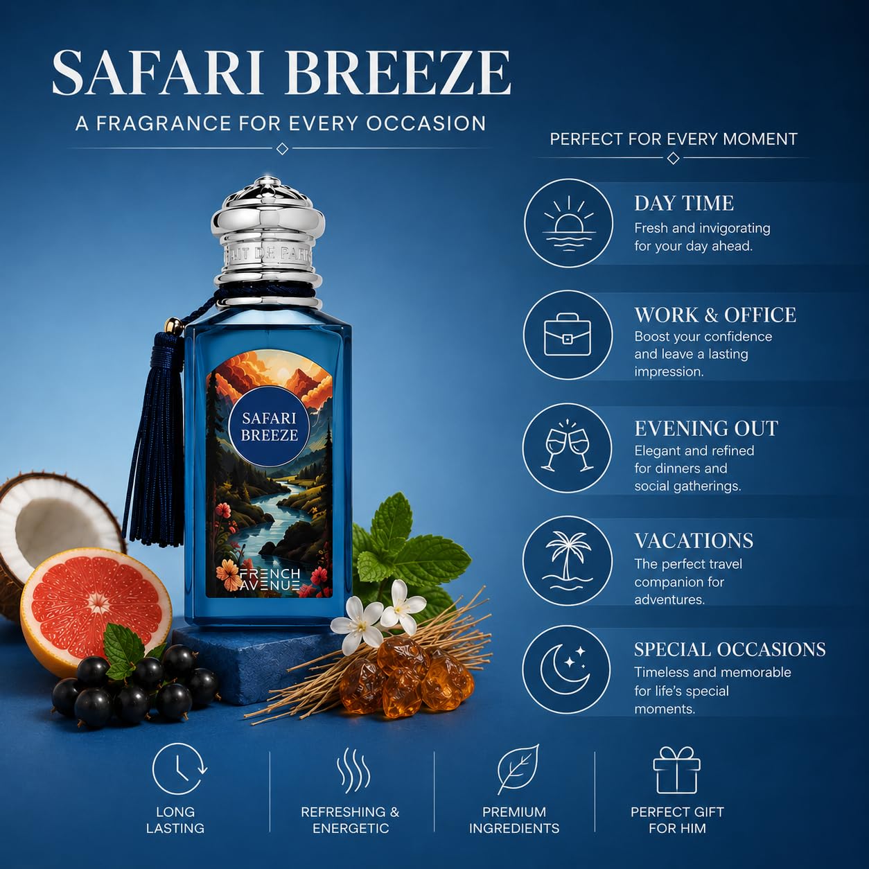 French Avenue Safari Breeze Eau de Parfum - Floral Fruity Fragrance | 100ml Spring/Summer Scent with Blackcurrant, Coconut & Grapefruit