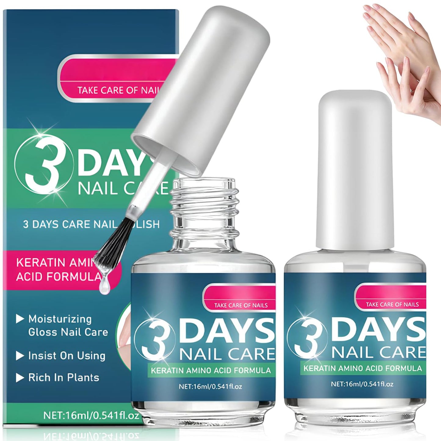 2 Pcs 3 Days Nail Care - Keratin Amino Acid Nail Care, Strengthening and Hydration, for Dry, Weak & Fragile Nails (16ml/0.56oz）