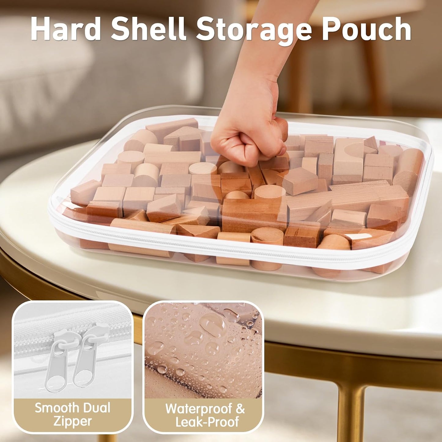 Extra Large Clear Hard Shell Zipper Case - Travel Toiletry Pouch & Makeup Organizer | 3 Pack, White