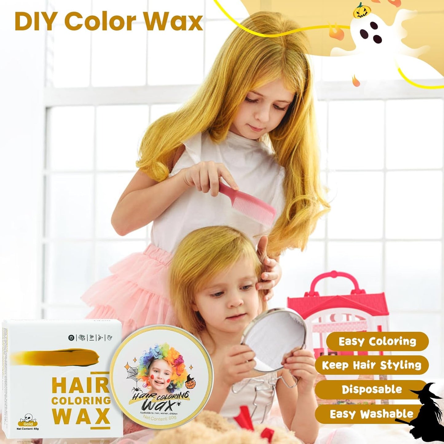 Temporary Gold Hair Color Wax - Washable Blonde Styling Gel for Kids | Ideal for Cosplay & Halloween