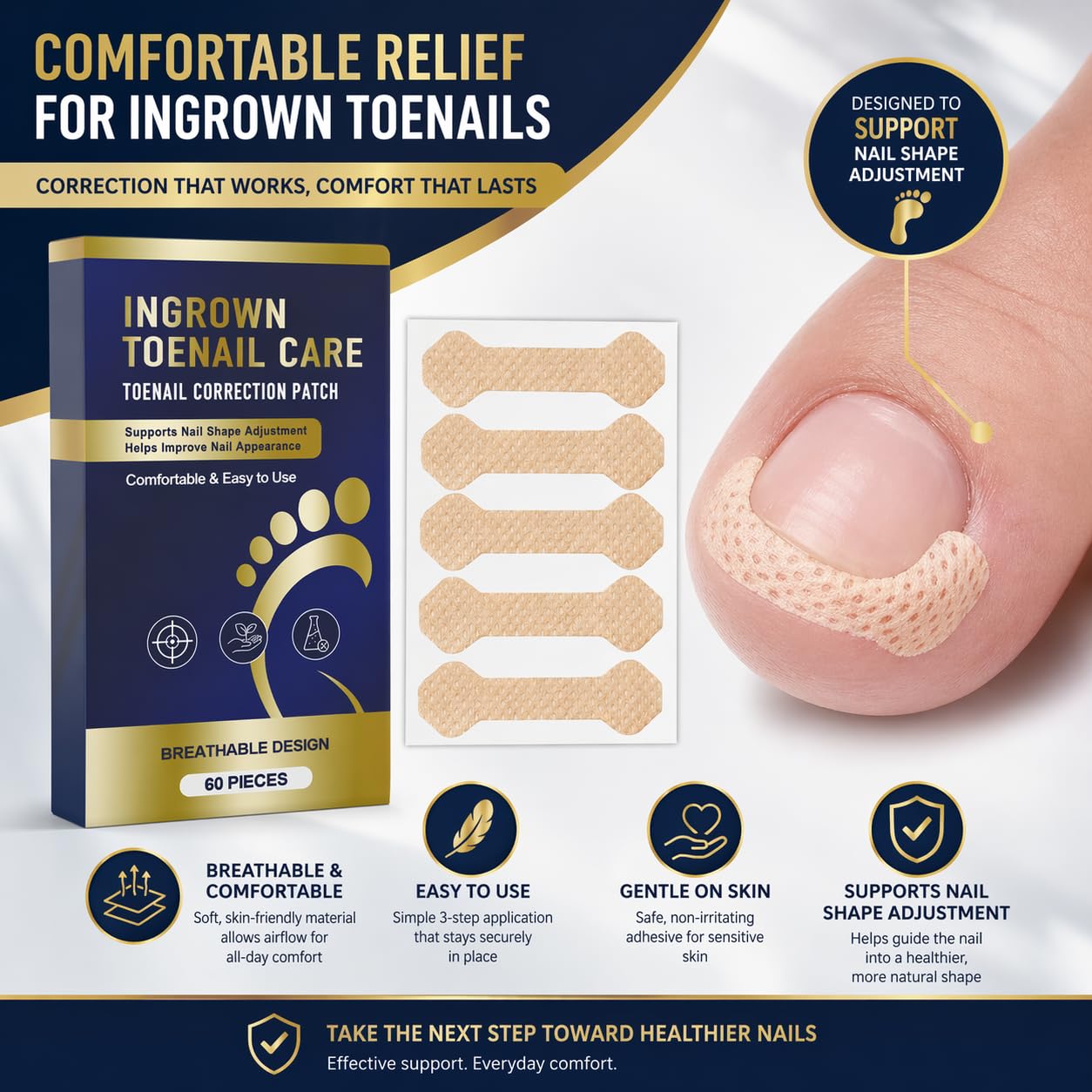 Ingrown Toenail Treatment, 60 Pcs Breathable Ingrown Toenail Strips, Gentle Toenail Support Patches for At-Home Pedicure and Daily Foot Care, Toenail Corrector Patch, 60 Count