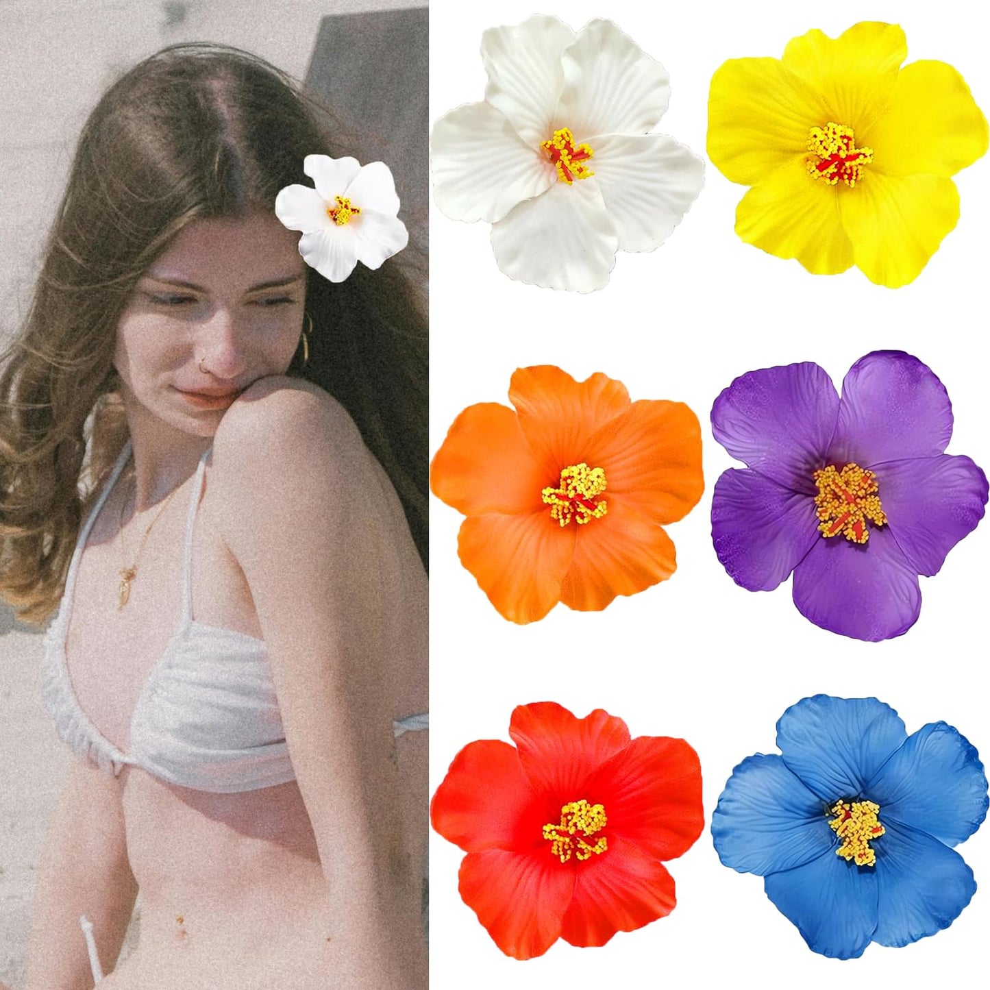 Hawaiian Flower Hair Clips - 6 Pcs Boho Plumeria & Hibiscus Barrettes | 3.5 Inch Cute Summer Accessories for Women & Girls