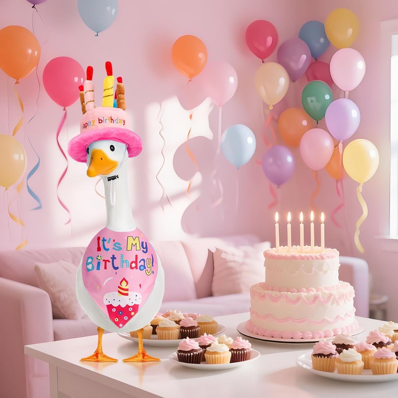 Wanocean Porch Goose Outfits, Happy Birthday Outfits Set with Cake Hat & Bow-Tie, Mothers Day Gifts for Women Mom Wife, Porch Cement Goose Costume Fit 17"- 23" Geese for Outdoor Garden Decor,Pink