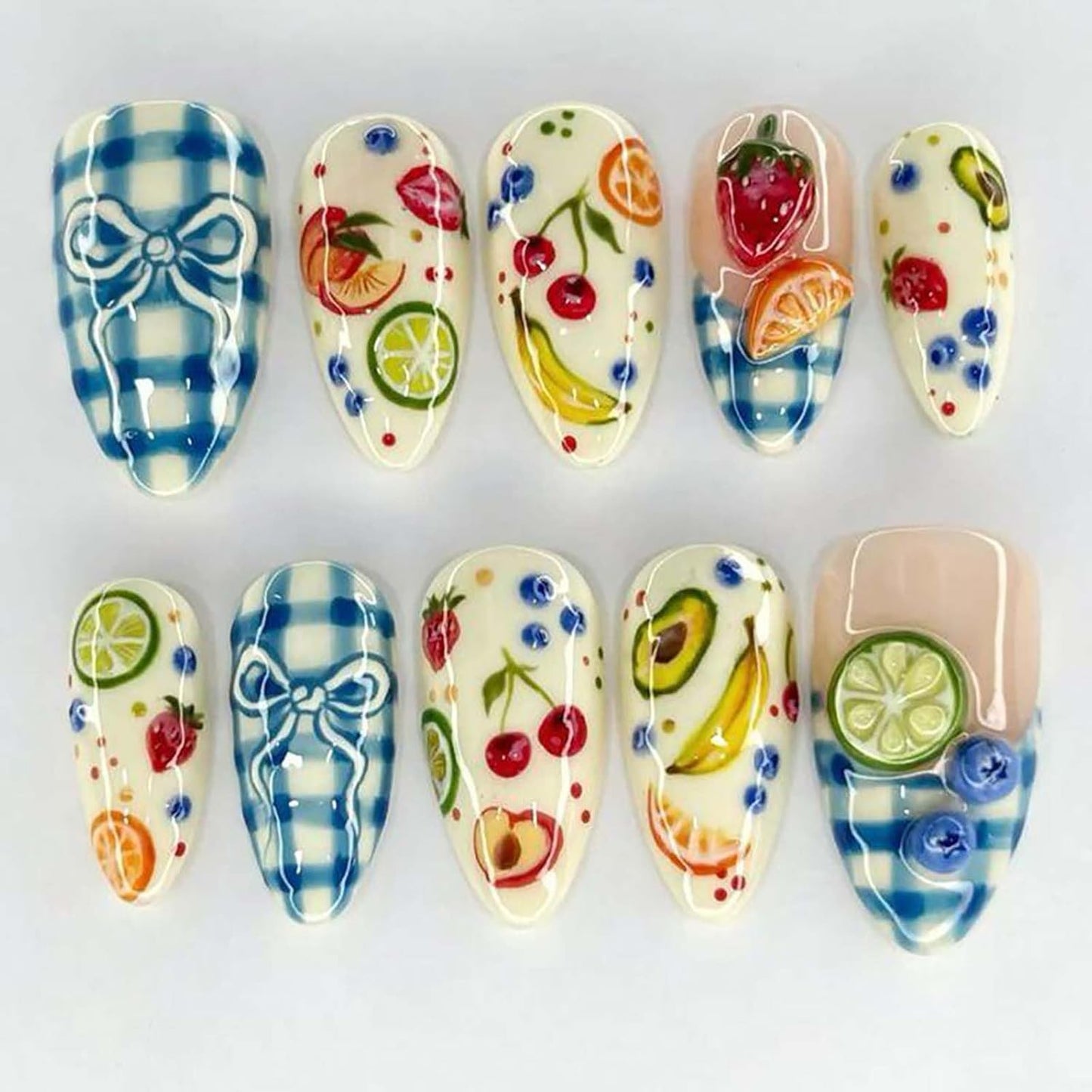 Press-On Nails - 24Pcs Medium Almond Beach Flower Design | Full Cover Acrylic with Shell & Starfish Rhinestones