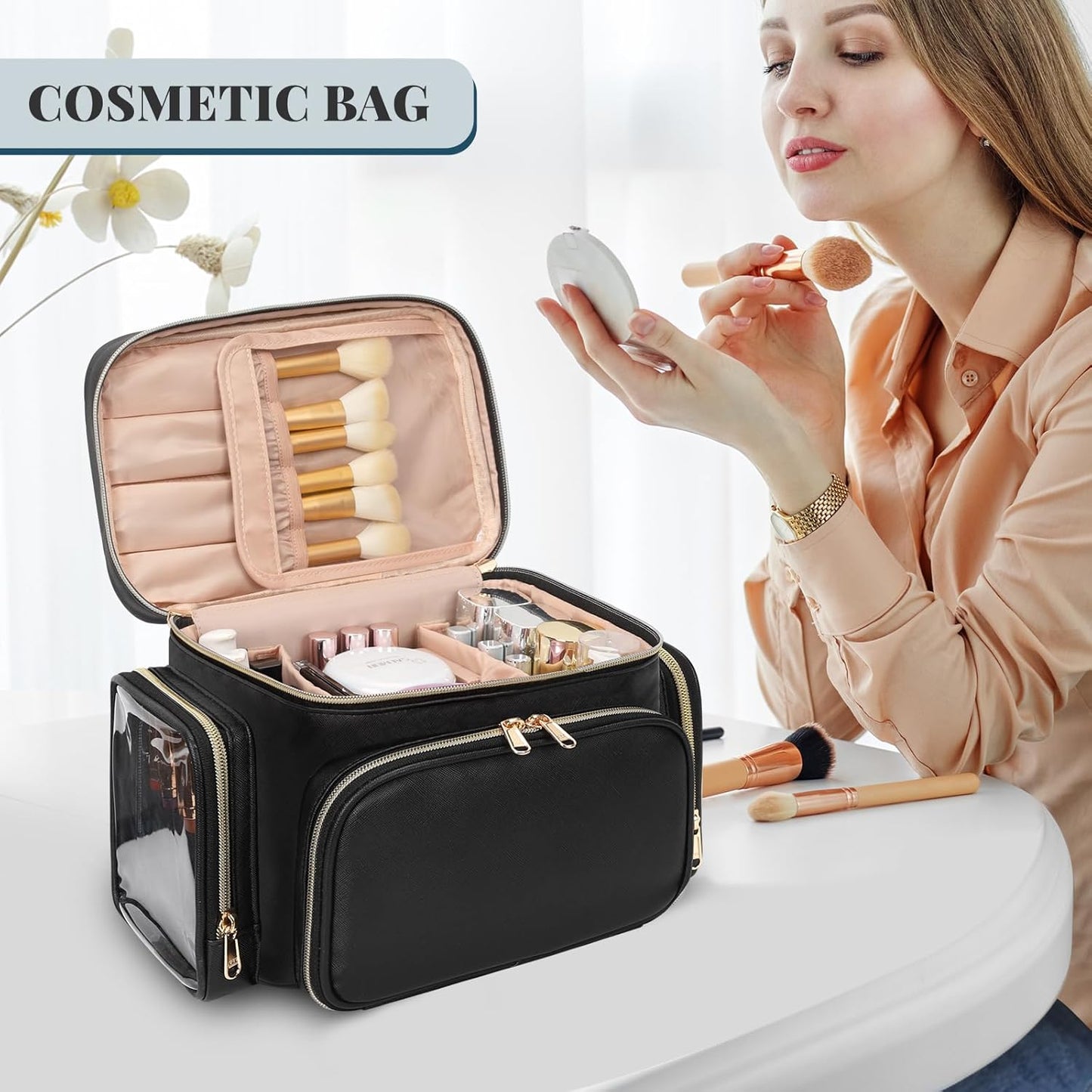 Large Makeup Bag Organizer for Women - Portable Travel Cosmetic Bag with Brush Compartment & Side Pockets | Black