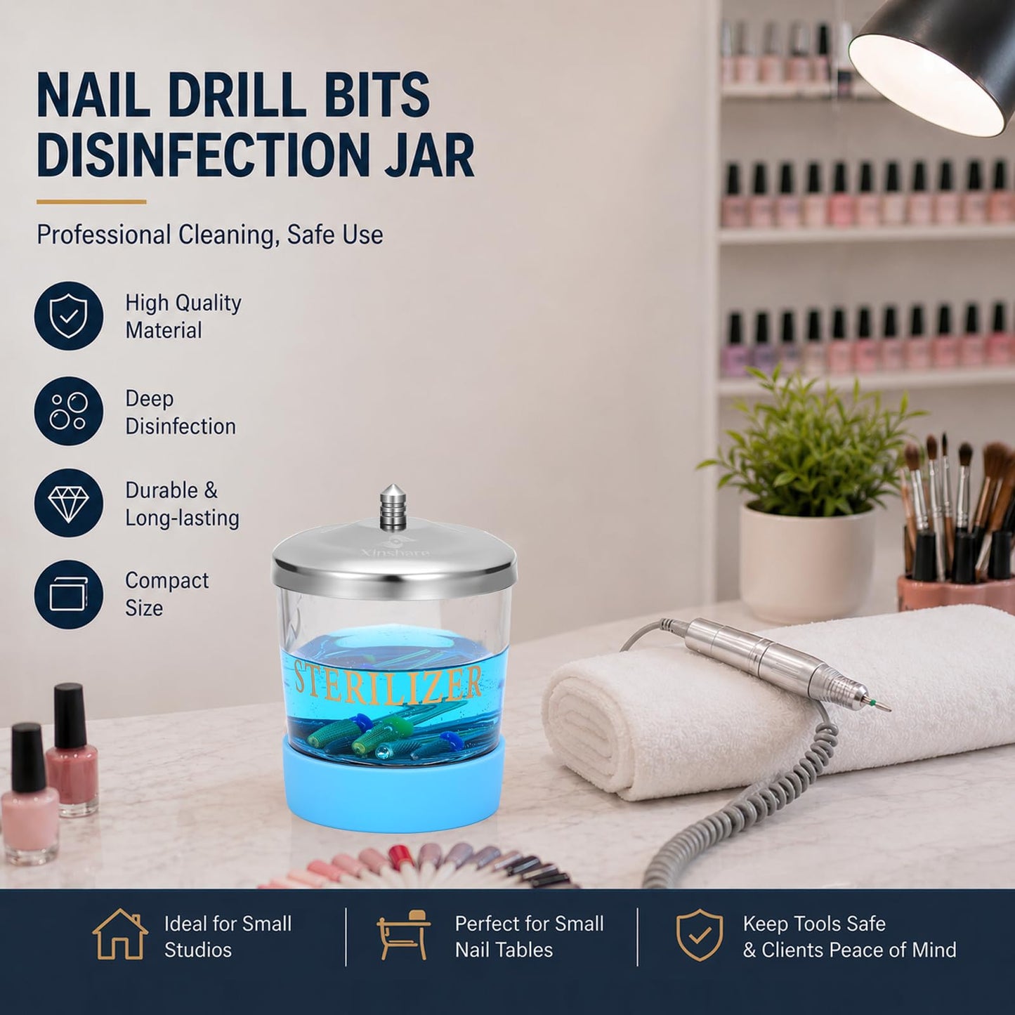 Xinshare Nail Tool Disinfectant Jar, 5Oz Glass Durable Manicure Pedicure Implements Sterilizer Container,Salon Storage & Organizer for Nail Art Tools Beauty Centers Equipment Cleaning, Blue
