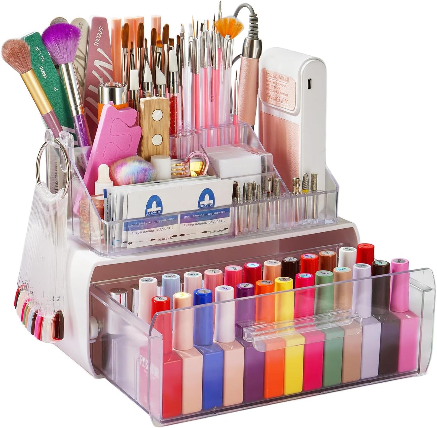 Nail Tech Organizer Case - 2-Layer Storage for Nail Polish & Drill Bits | Clear Design