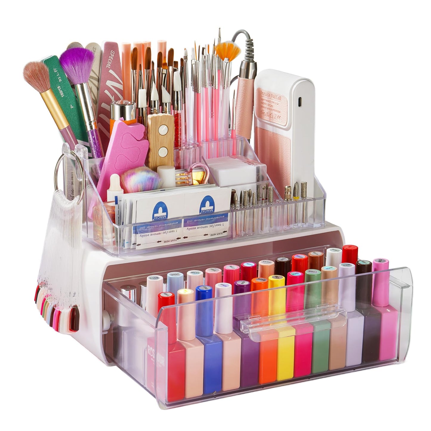 2-Tier Nail Tech Desk Organizer with Drawer for Polish, Brushes, Drill Bits
