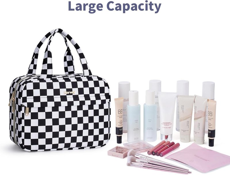 Hanging Toiletry Bag for Women - Checkered Travel Makeup Organizer | Black Checkerboard, Medium Size