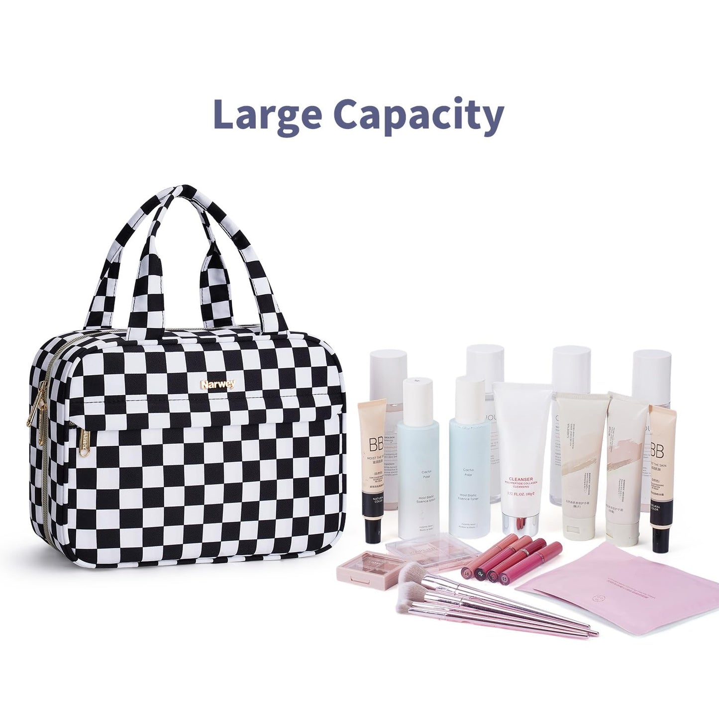 Narwey Hanging Toiletry Bag for Women Checkered Travel Makeup Bag Organizer Cosmetic Make up Toiletries Bag for Travel Essentials Accessories (Black Checkerboard, Medium)