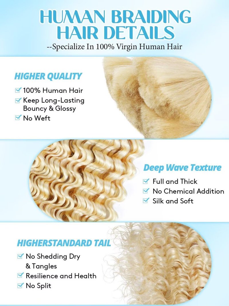 Unprocessed Human Hair for Braiding - #613 Platinum Blonde Curly Bulk Hair | 18 Inch, 150g, 3 Bundles