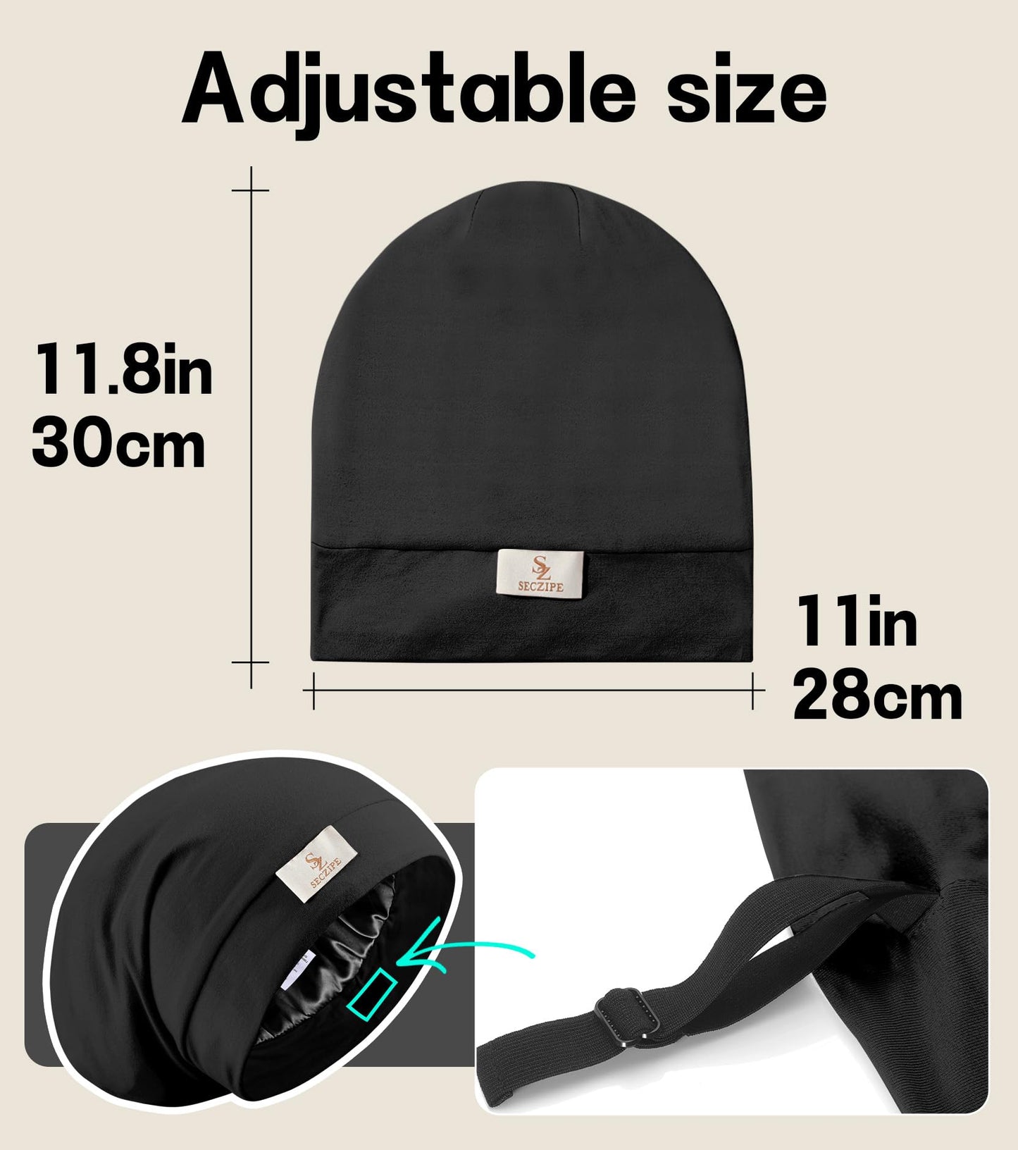 SECZIPE 100% Mulberry Silk Bonnet for Sleeping for Curly Hair and Braids, Wrap with Adjustable Strap for Women and Men,Real Silk, Not Satin（1Pc,Black）