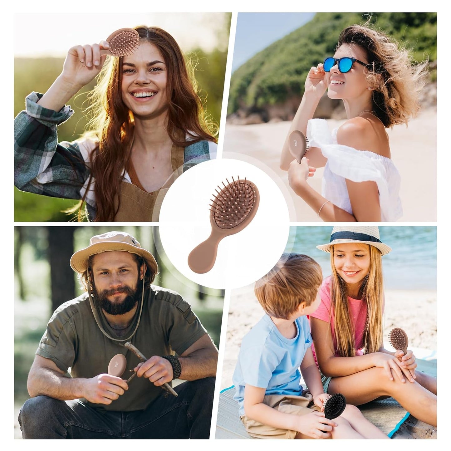 Mini Hair Brush for Women, Men & Kids - Travel Size Cushion Paddle Brush with Soft Bristles | Mocha Color