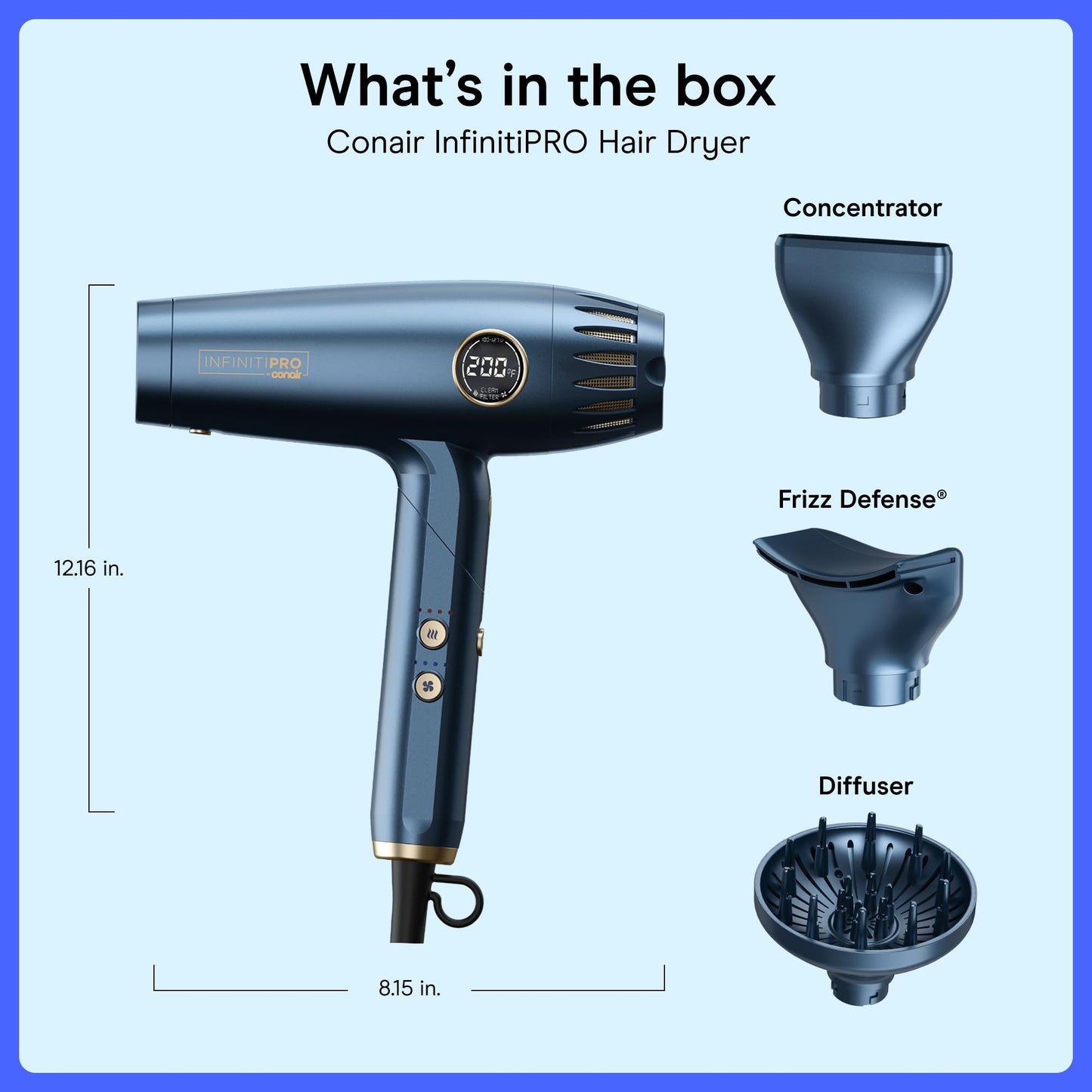 Conair INFINITIPRO DigitalAIRE Multi-Styler, 1.2 lb Ultra-Lightweight Digital Motor Hair Dryer with High-Pressure Airflow, Blue, 1002