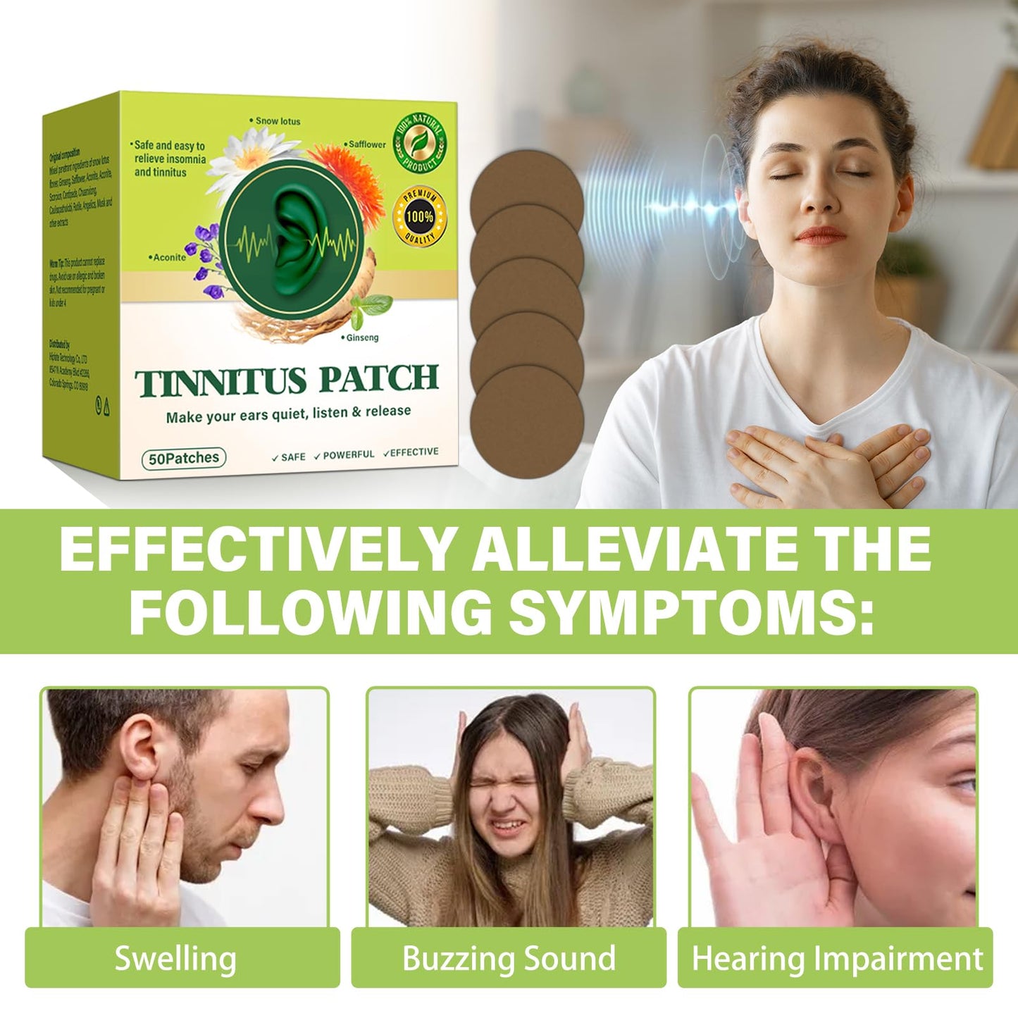 Tinnitus Relief for Ringing Ears, 50Pcs Tinnitus Relief Patches, Support Ear Noise and Buzzing Relief, Improve Hearing Comfort